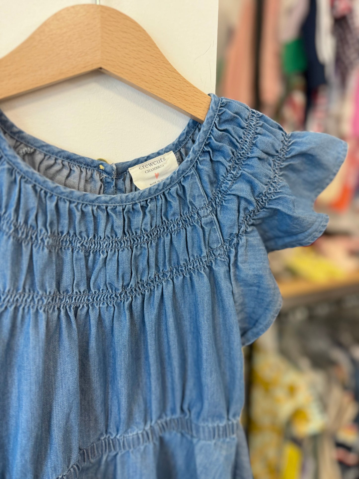 4/4T, J.Crew Crewcuts, Blue, Flutter sleeve chambray dress, smocking at chest, elastic waistband