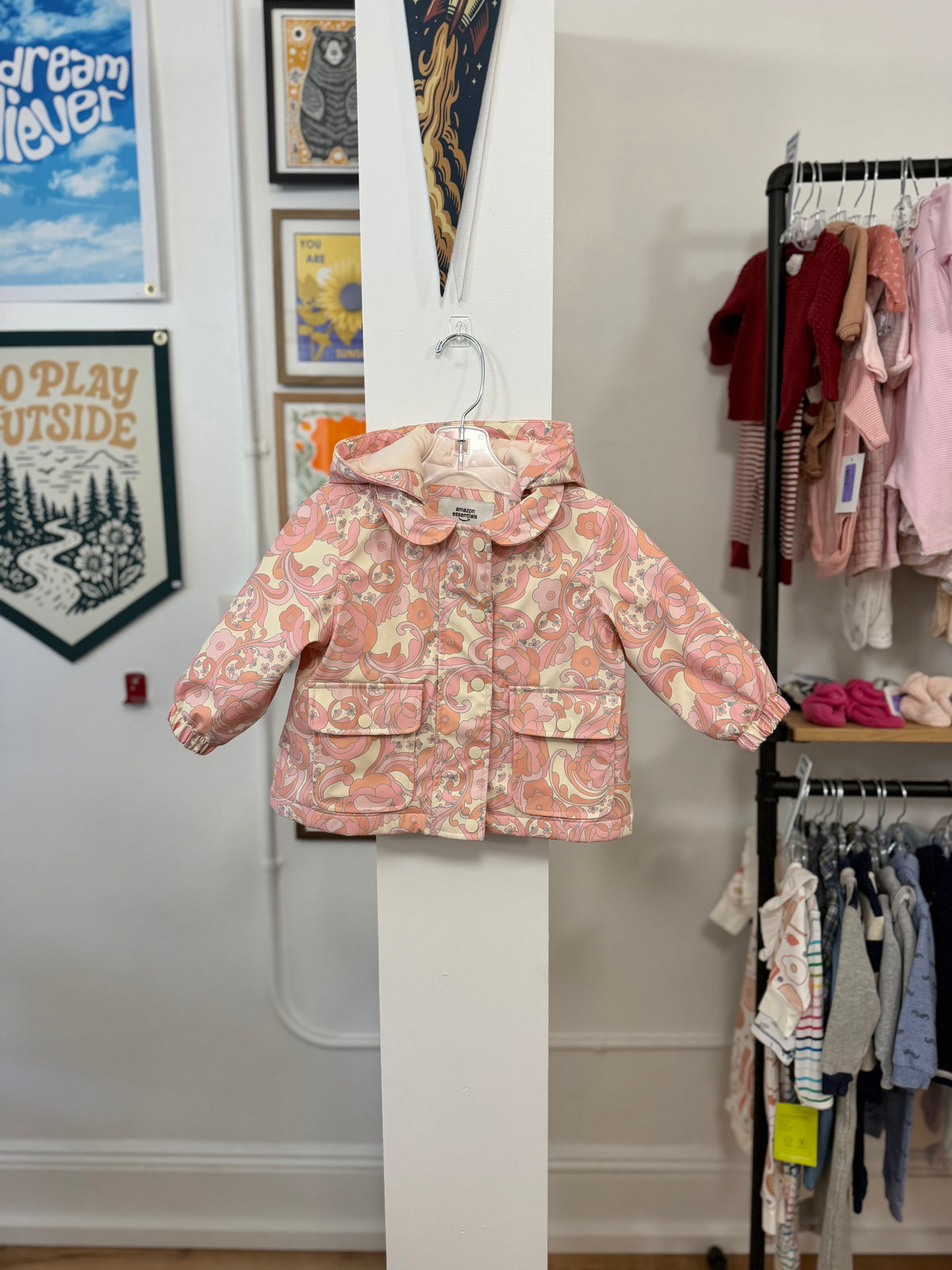 12 mo, Amazon Essentials x Sofia Grainge, Cream, Pink groovy floral hooded water-repellant rain jacket
