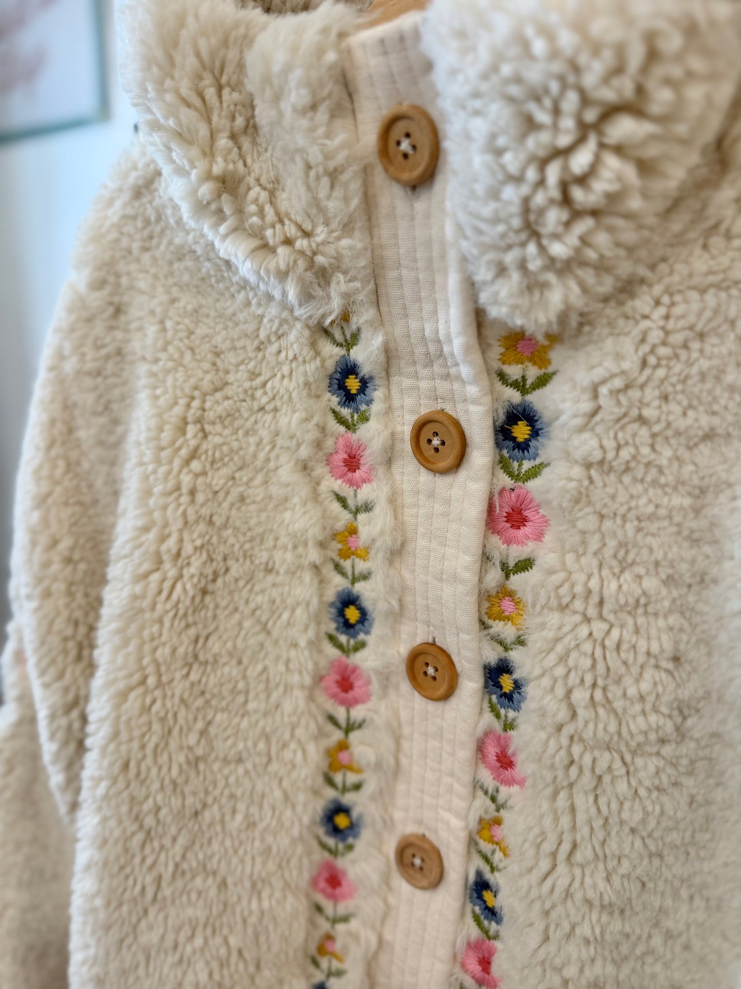 10, Louise Misha, Cream, Sherpa zip-up coat, blue/pink/yellow embroidered flowers