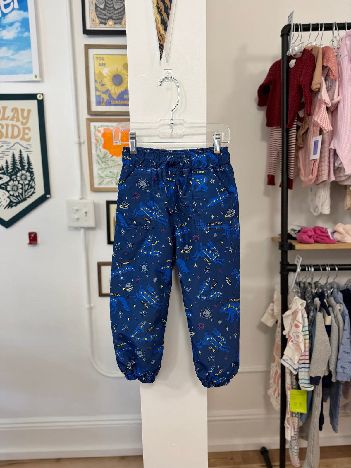 3/3T, Jan & Jul, Blue, Constellation fleece-lined drawstring snow / rain pants