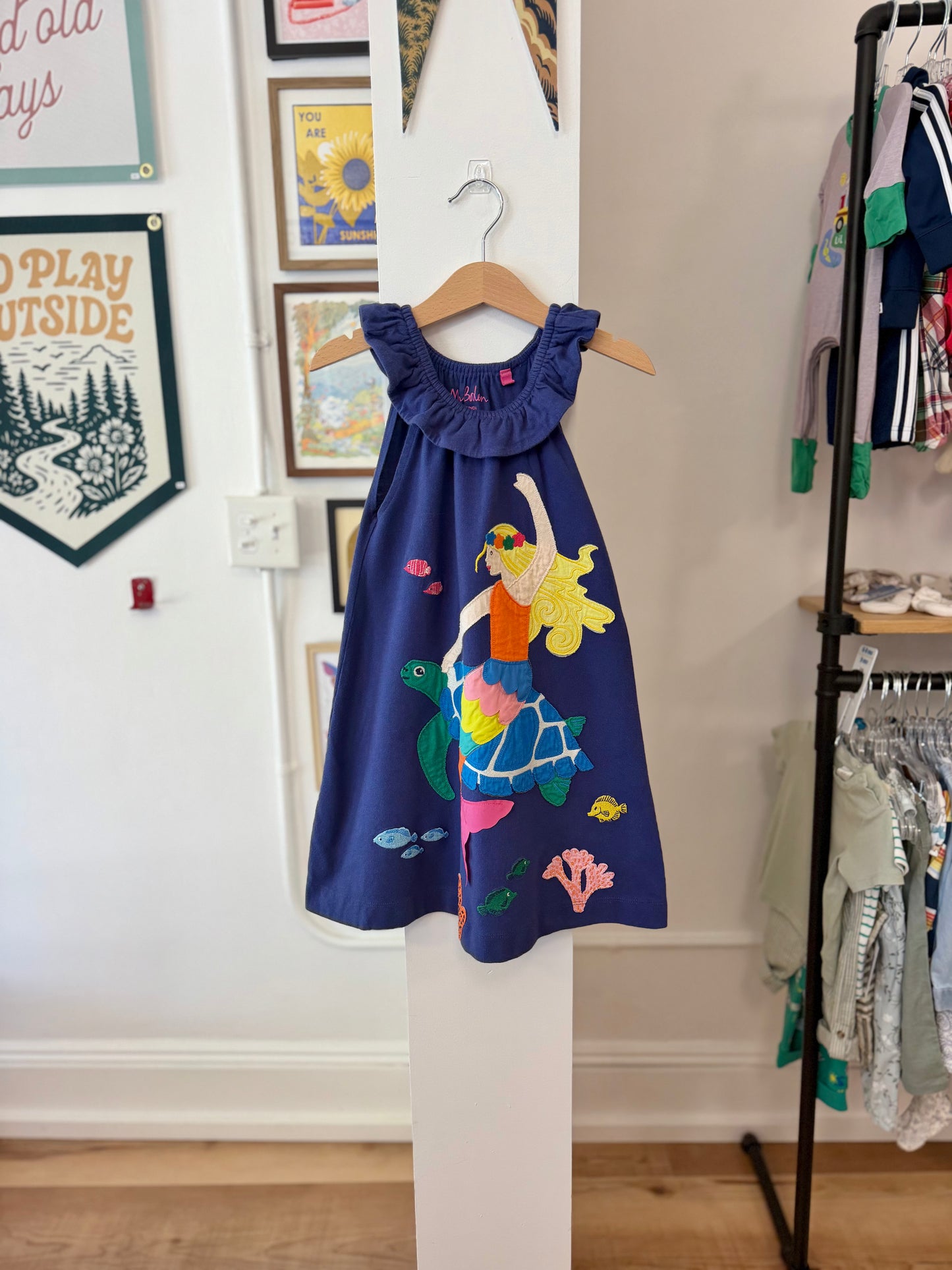 5-6, Boden, Blue, Sleeveless mermaid on turtle appliqué dress