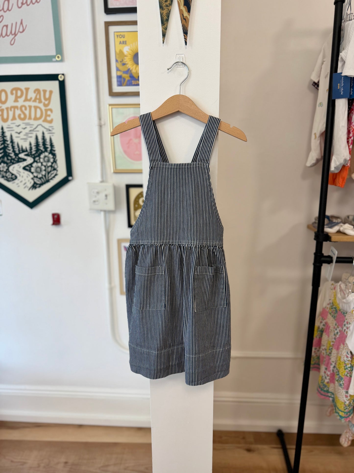 4-5, Hey Gang, Blue, Vertical white-striped adjustable cross-strap pinafore/jumper