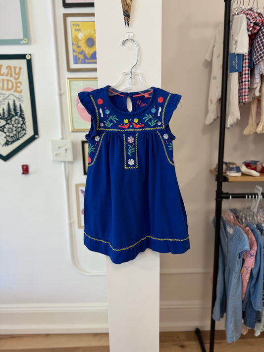 2-3, Boden, Blue, Flutter sleeve knit dress w/ neon bird / floral embroidery, pockets