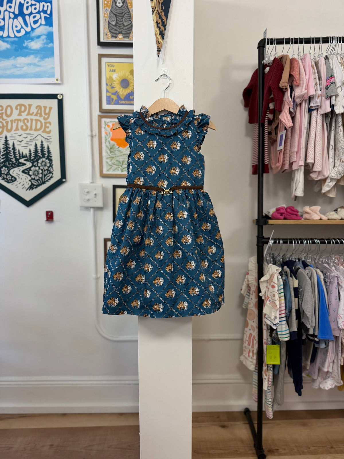 4/4T, Janie and Jack, Blue, Flutter sleeve horses & chain print equestrian dress, faux suede and gold bit waist
