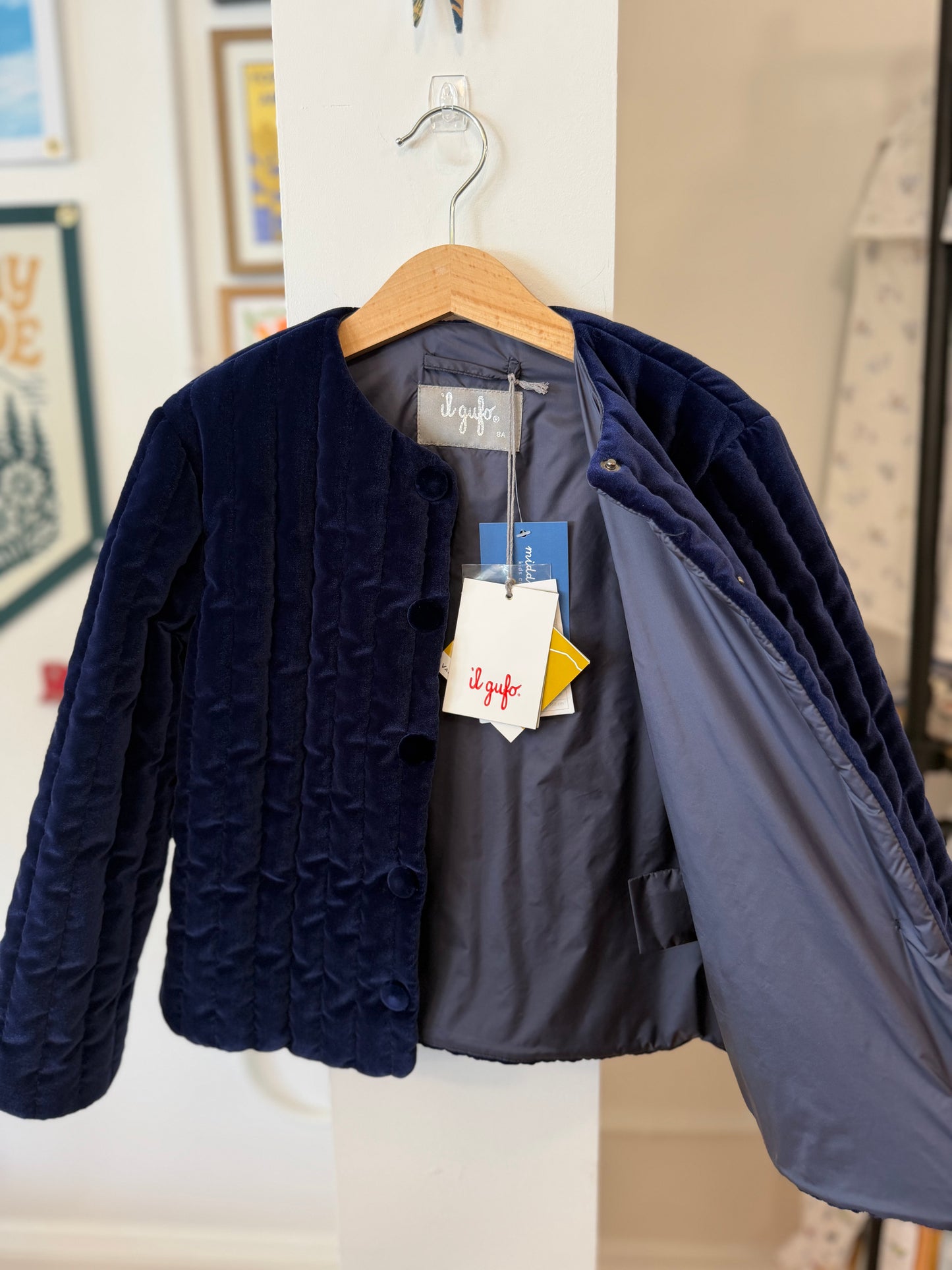 8, Il Gufo, Blue, NEW w/ tags - Velvet quilted Valtherm-insulated jacket
