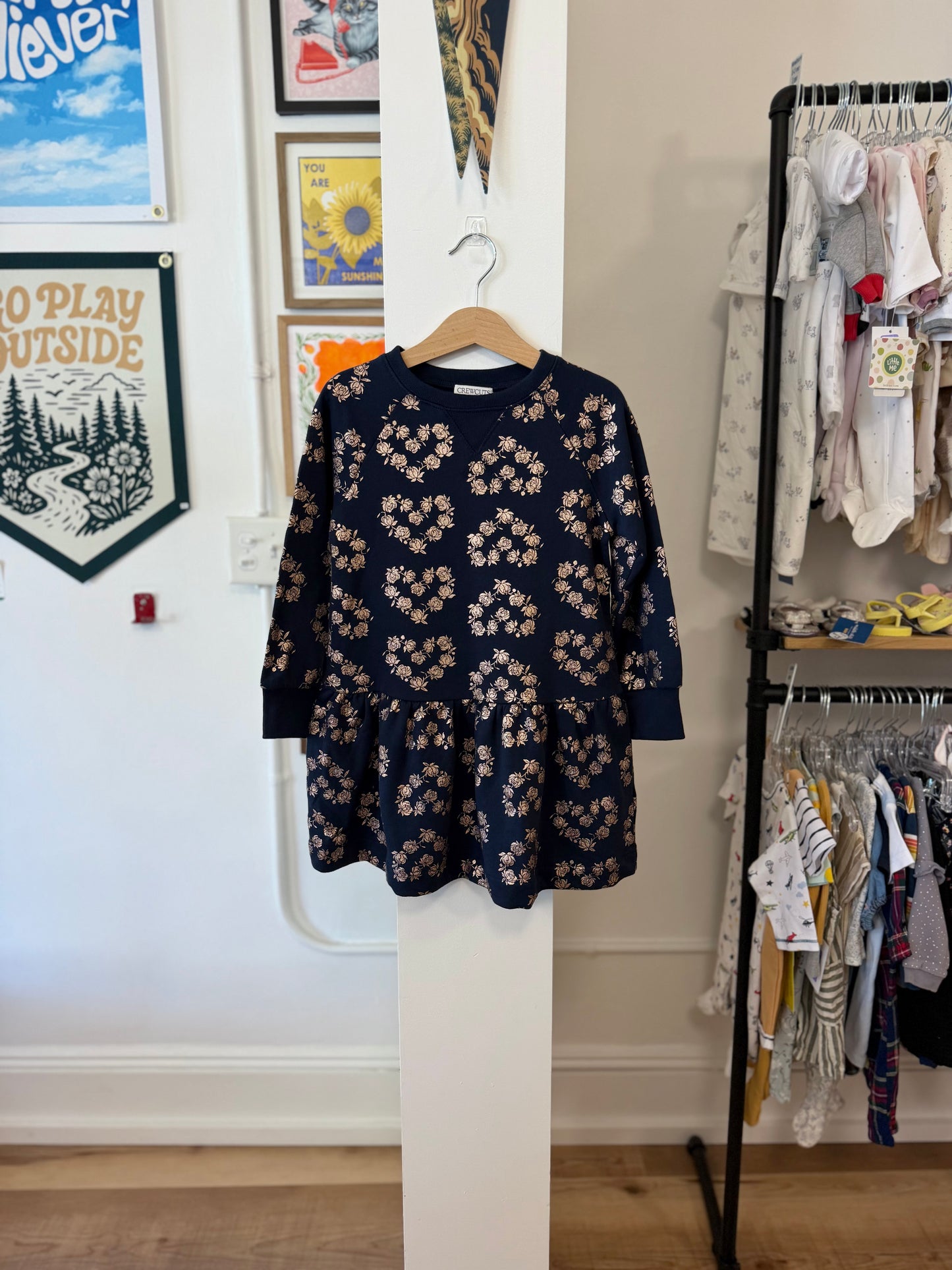 4/4T, J.Crew Crewcuts, Blue, NEW w/ tags - Terry drop waist sweatshirt dress, metallic foil flower hearts