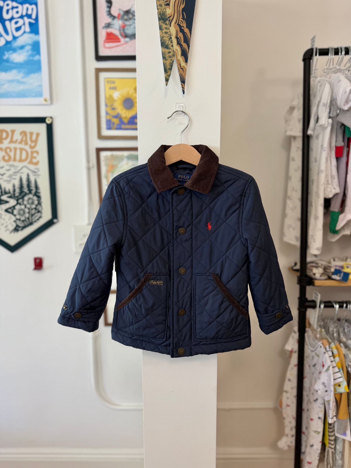 3/3T, Polo Ralph Lauren, Blue, Quilted snap-up barn jacket, corduroy collar
