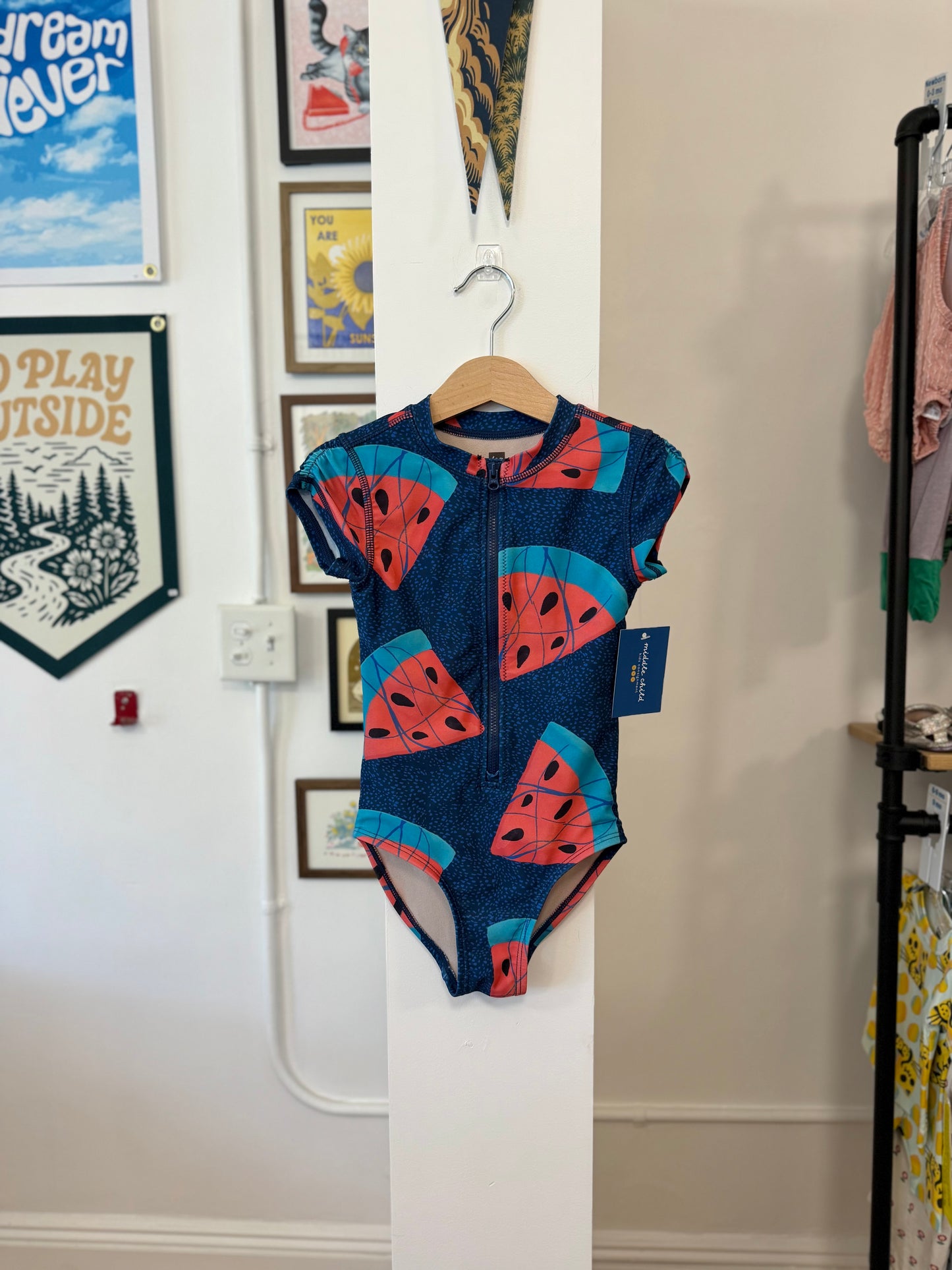 5/5T, Tea Collection, Blue, Watermelon slice cap sleeve one-piece swimsuit