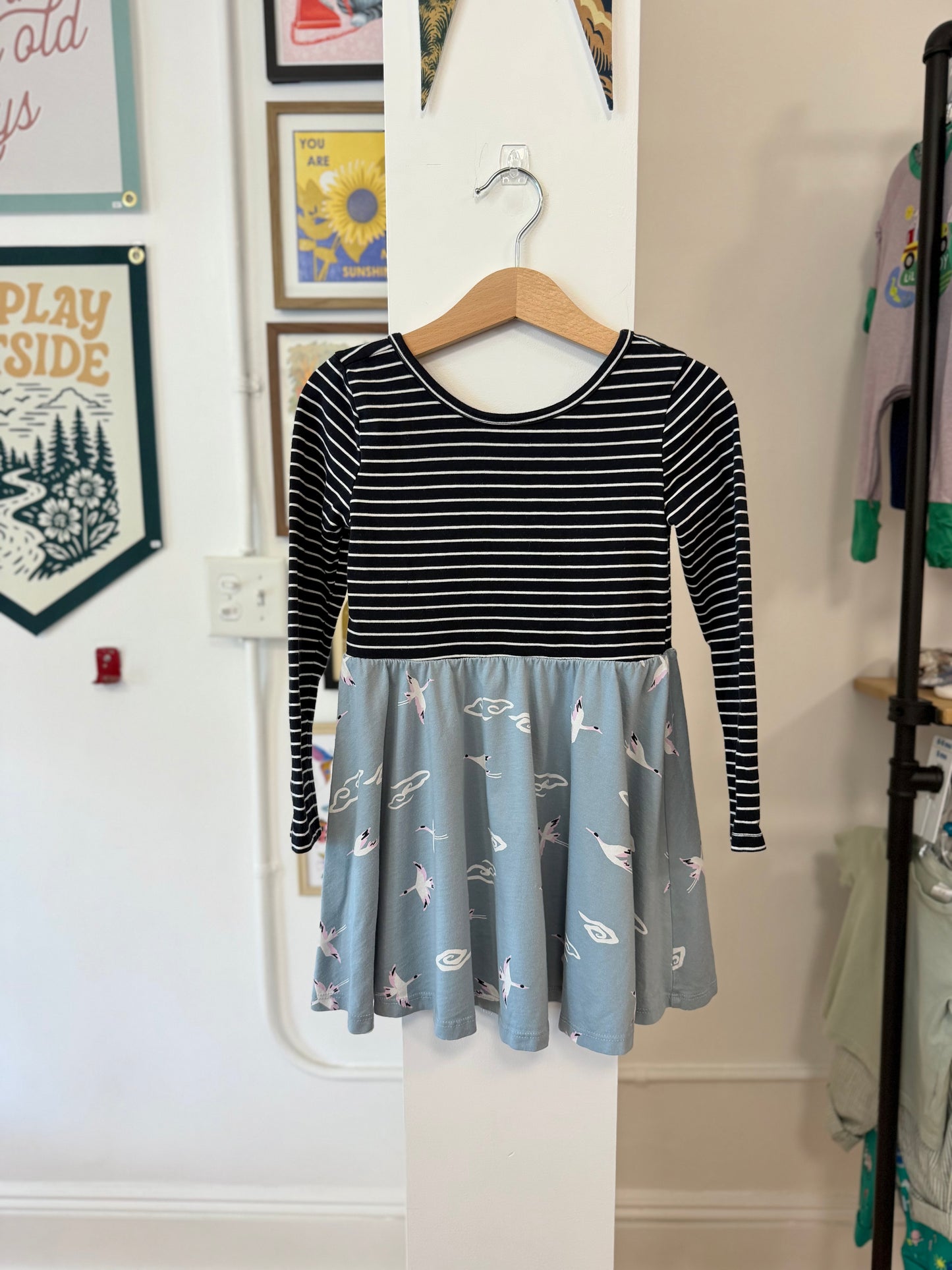 4/4T, Tea Collection, Blue, Long-sleeve white striped dress, blue bird print skirt