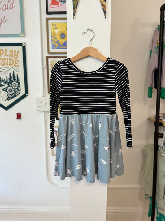 4/4T, Tea Collection, Blue, Long-sleeve white striped dress, blue bird print skirt