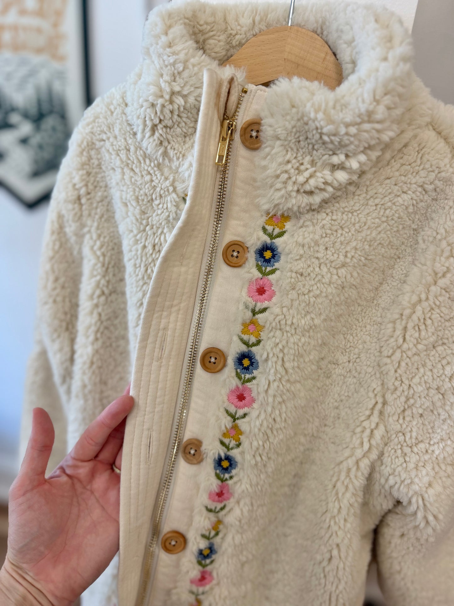 10, Louise Misha, Cream, Sherpa zip-up coat, blue/pink/yellow embroidered flowers