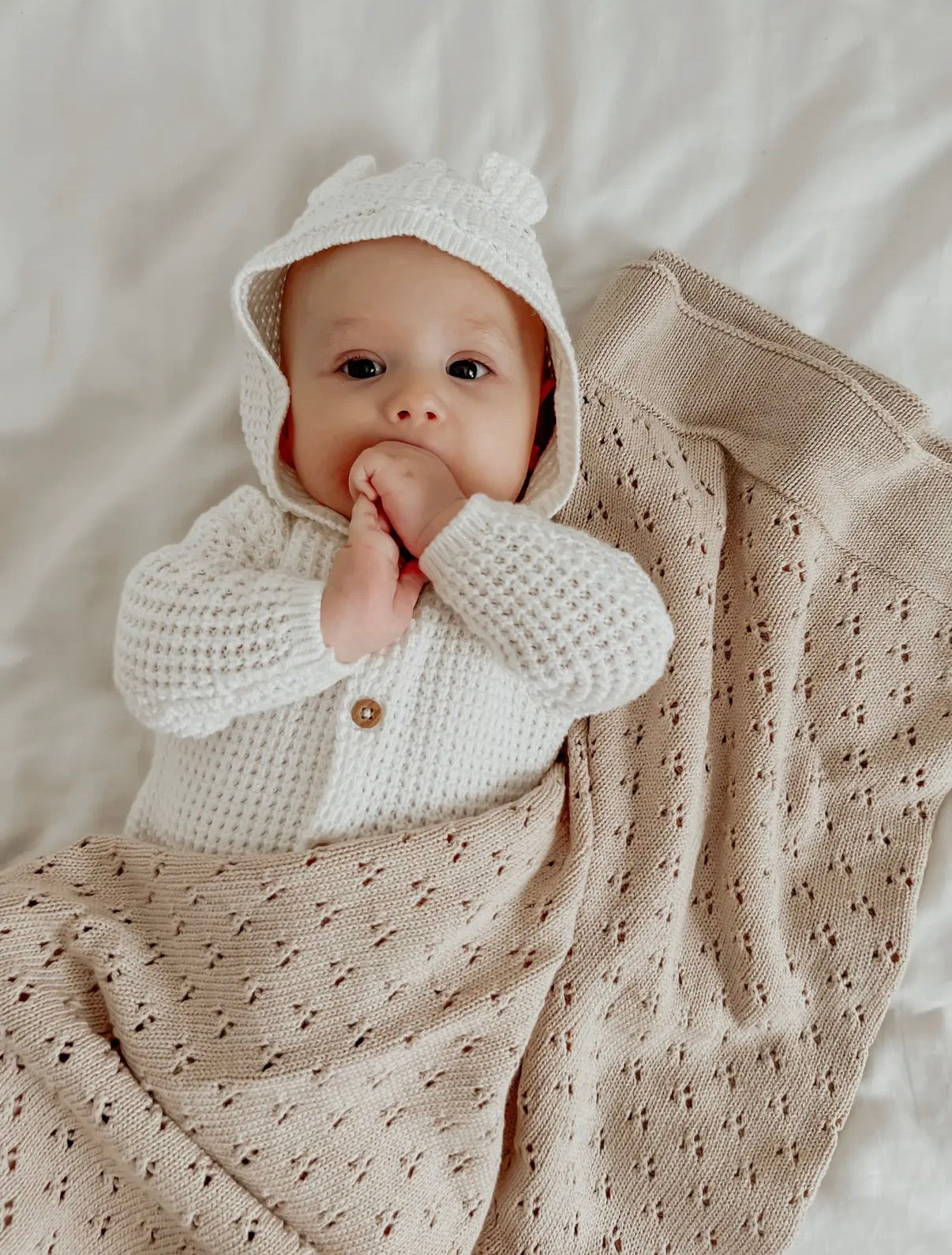 Little Mae & Co, Beige, Pointelle Knit Blanket, 42” x 36” [wash cold & tumble dry low]