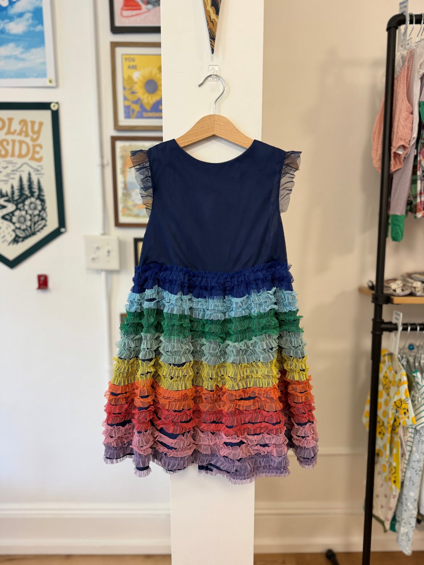6-7, Boden, Blue, Flutter sleeve dress with rainbow tulle skirt