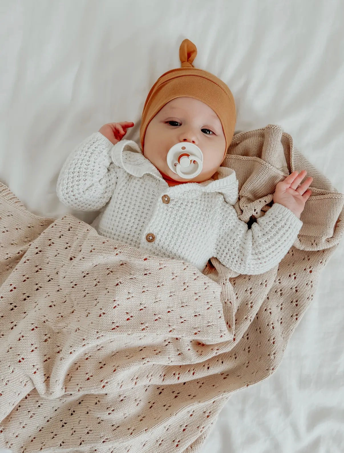 Little Mae & Co, Beige, Pointelle Knit Blanket, 42” x 36” [wash cold & tumble dry low]