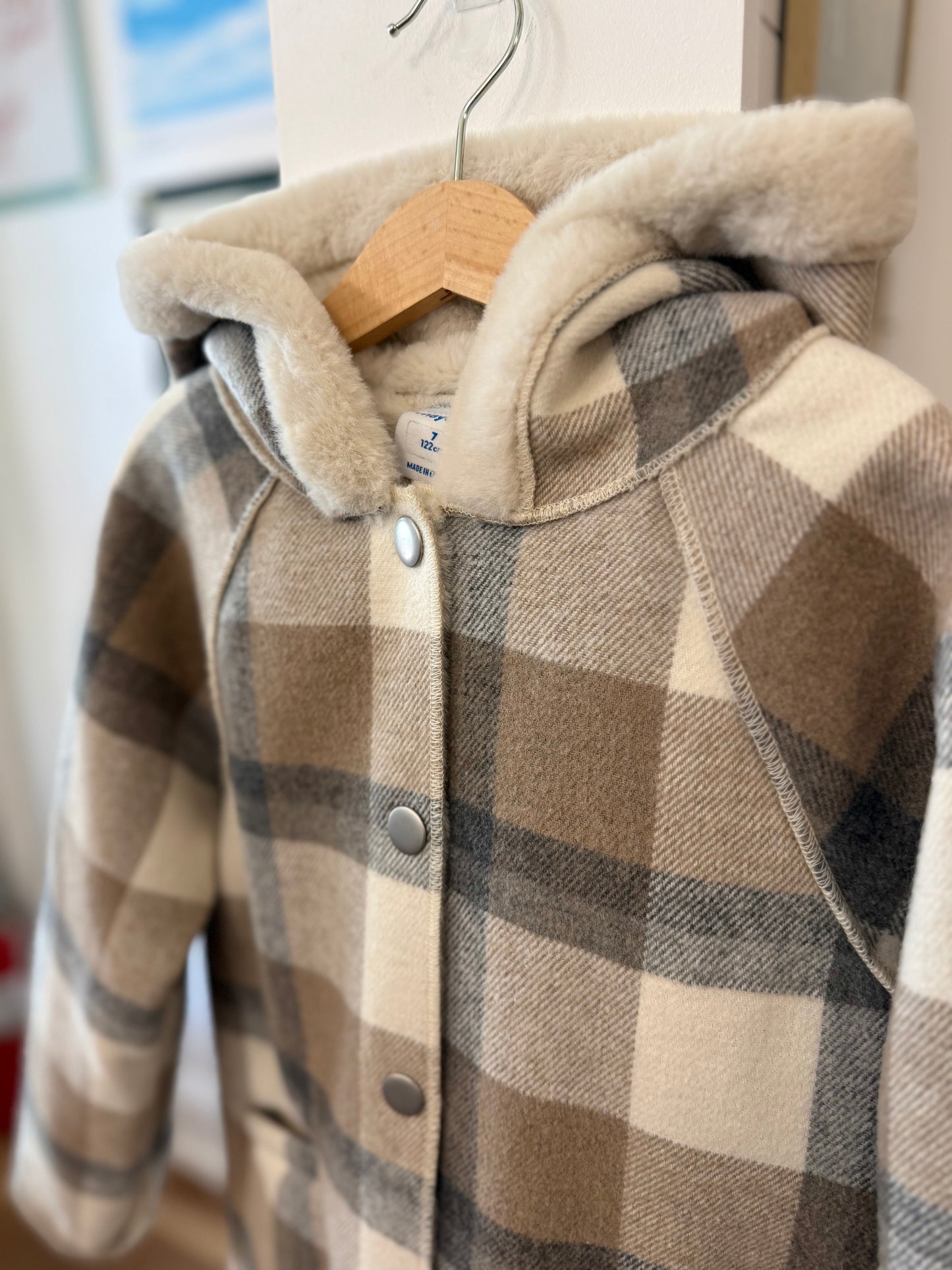 7, Mayoral, cream, Plaid faux fur lined hooded snap-up coat
