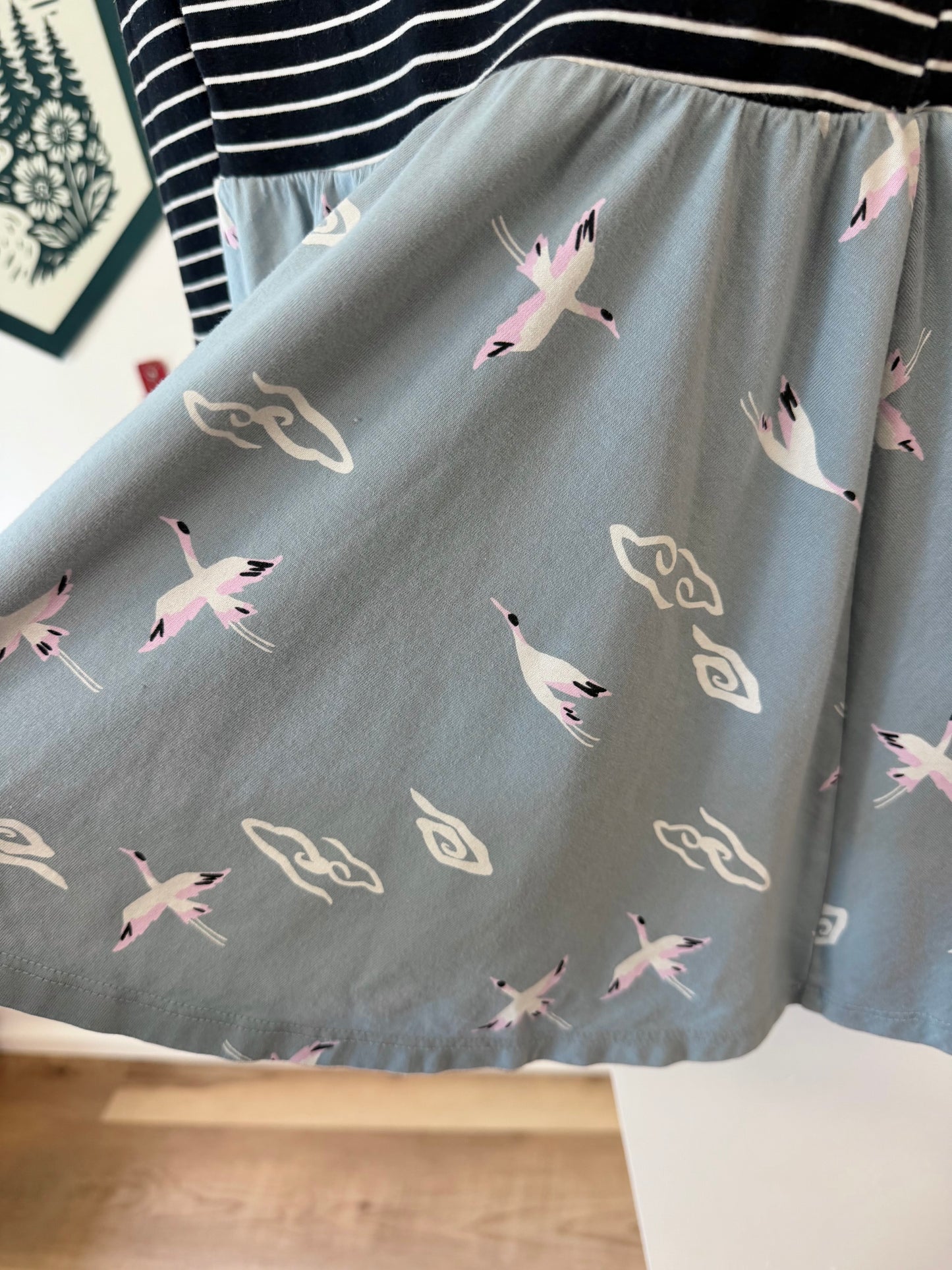 4/4T, Tea Collection, Blue, Long-sleeve white striped dress, blue bird print skirt