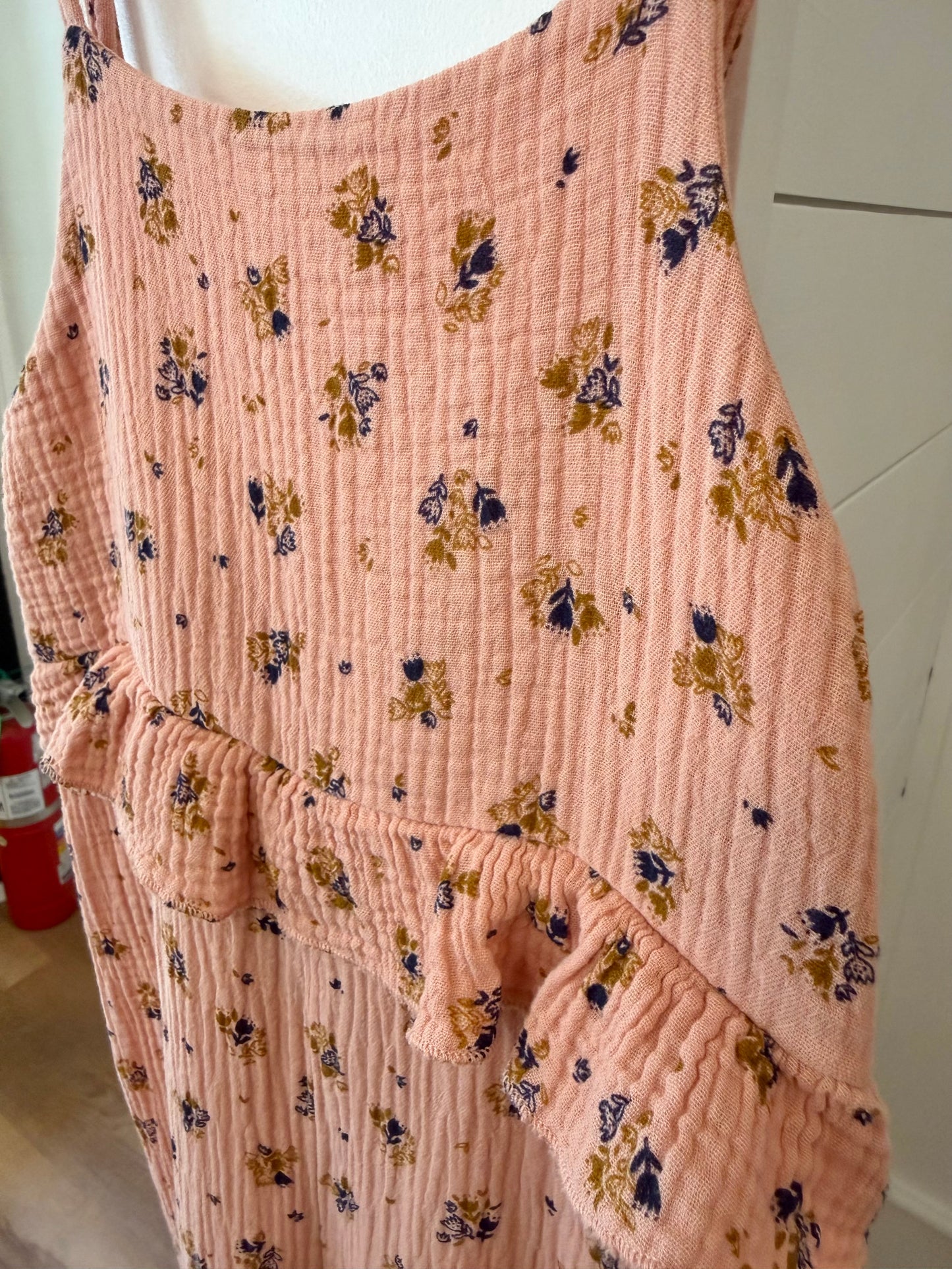 6, My Little Cozmo, Pink, Gauzy spaghetti strap navy/brown floral jumpsuit