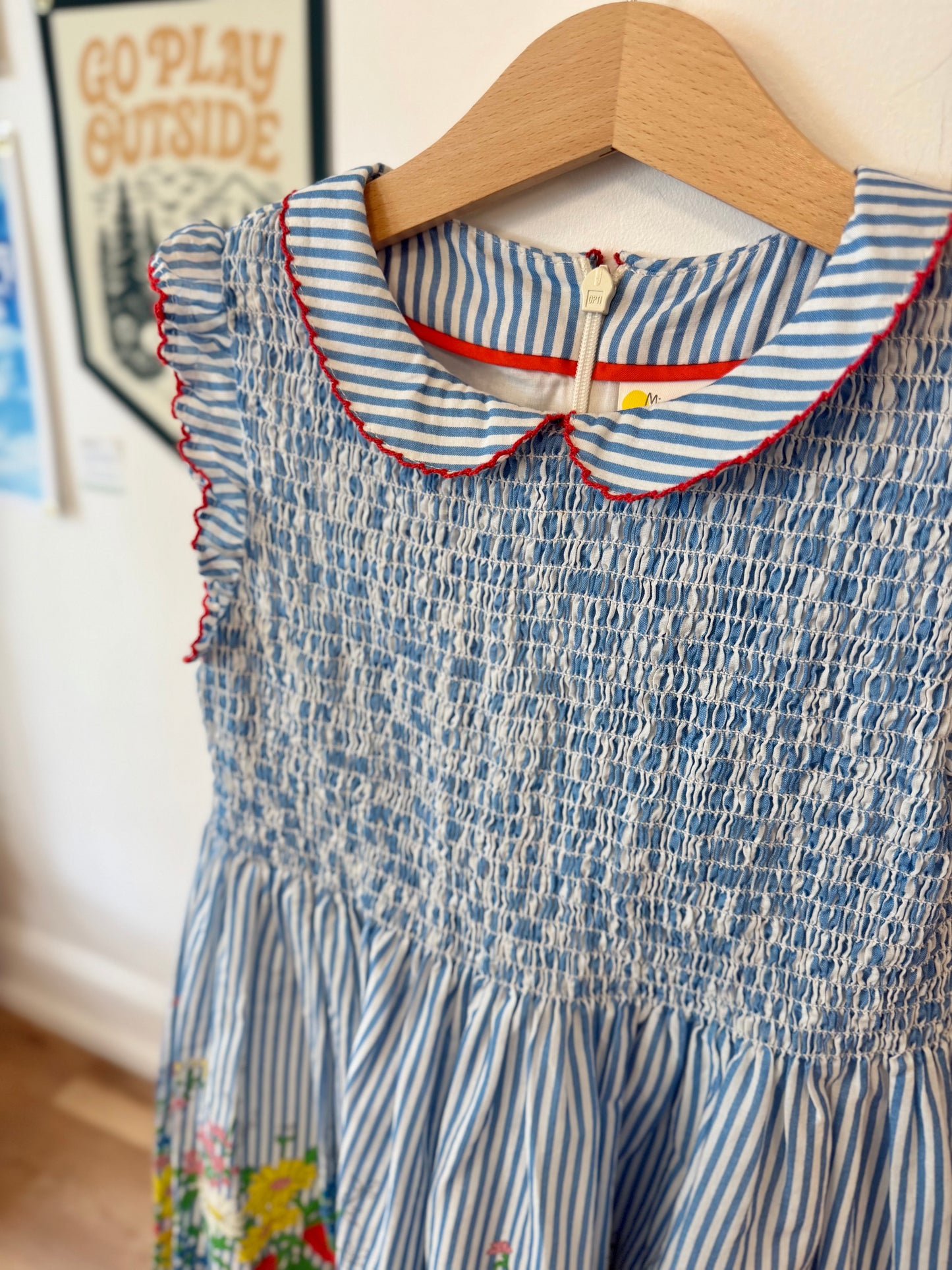 6-7, Boden, Blue, Striped dress, floral print skirt, smocking, Peter Pan collar