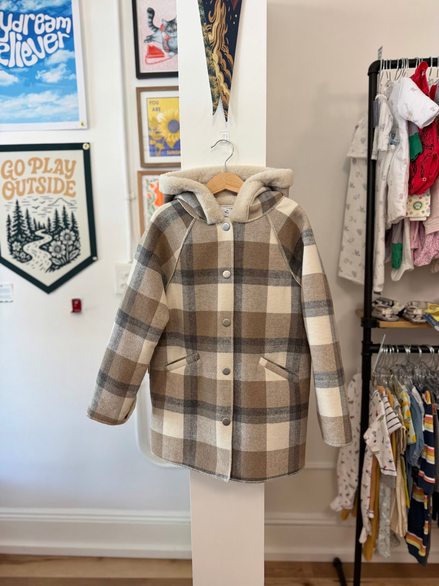 7, Mayoral, cream, Plaid faux fur lined hooded snap-up coat