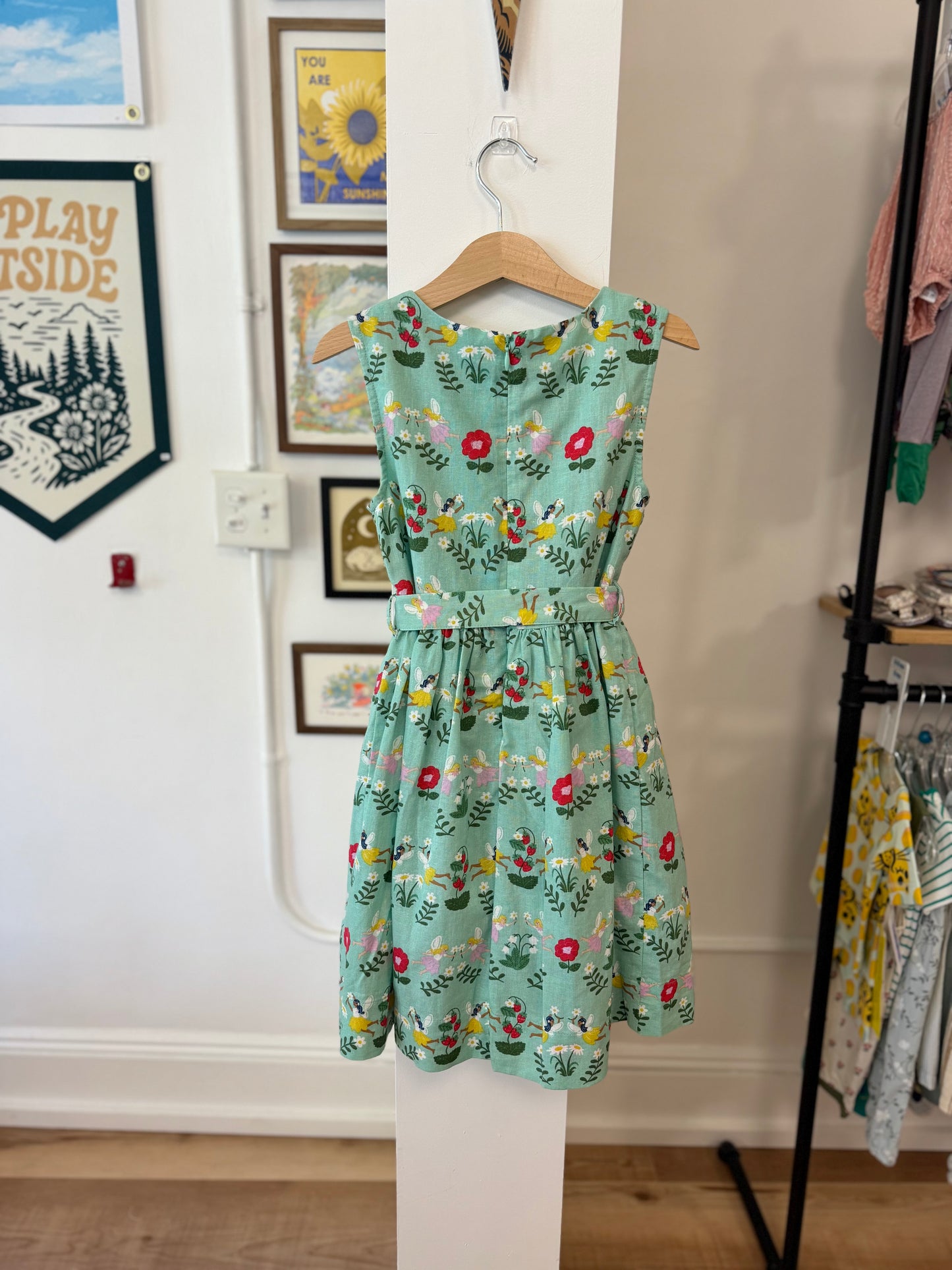 6-7, Boden, Green, Sleeveless linen mix fairy & floral dress w/ tie
