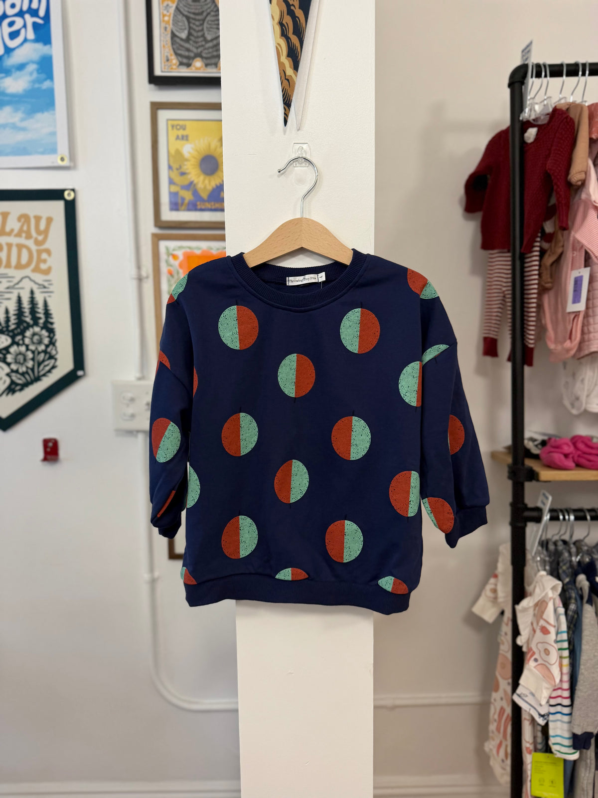 4/4T, Throwing Tiny Fits, Blue, Green/red circles trees graphic terry crewneck sweatshirt