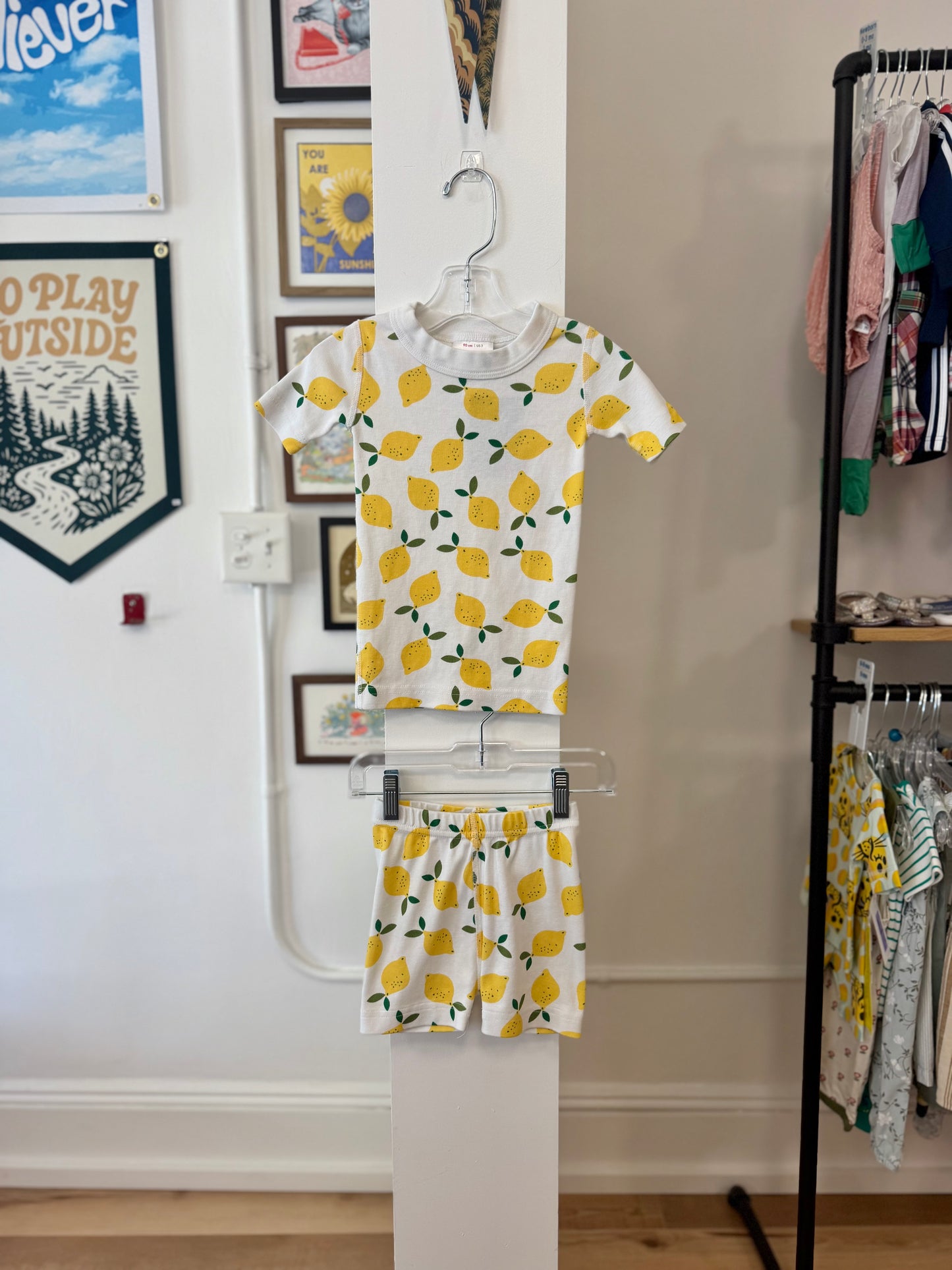 3/3T, Hanna Andersson, White, Lemon print short-sleeve shirt + shorts HannaJams pajama SET