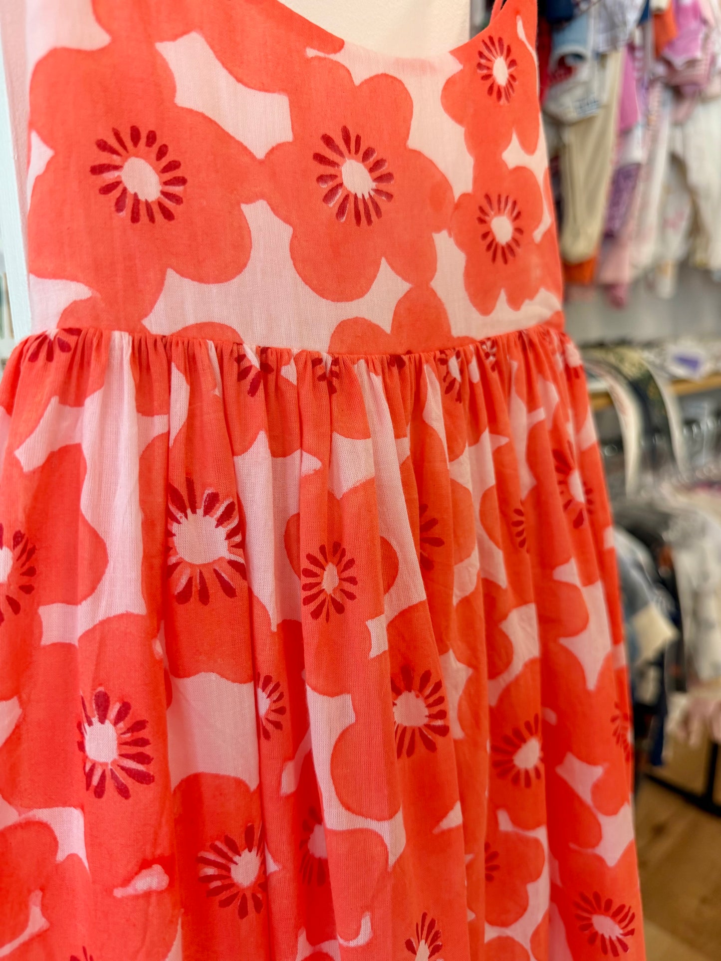 8, Little Paisley People, Pink, Neon block print floral cross back spaghetti strap maxi dress