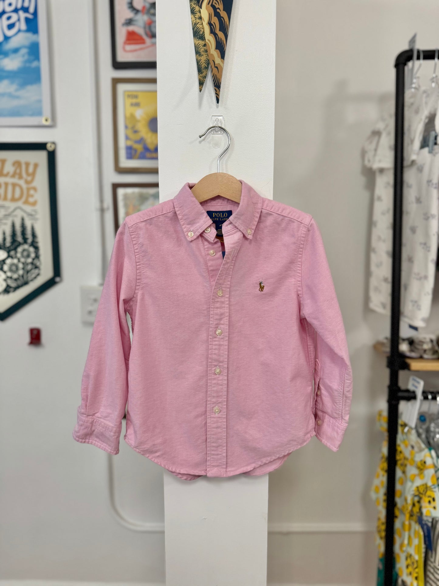 4/4T, Polo Ralph Lauren, Pink, Chambray long-sleeve button-down shirt, colored emblem