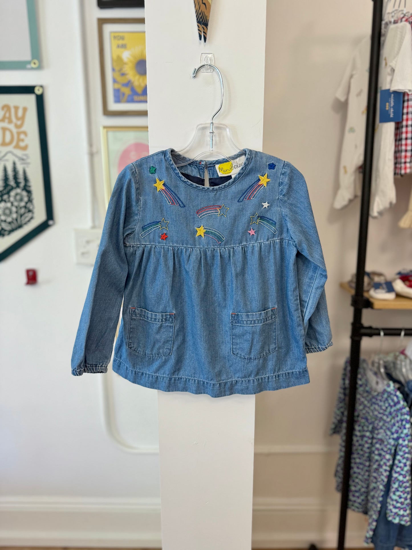 2-3, Boden, Blue, Long-sleeve chambray top, rainbow embroidered shooting stars, front pockets