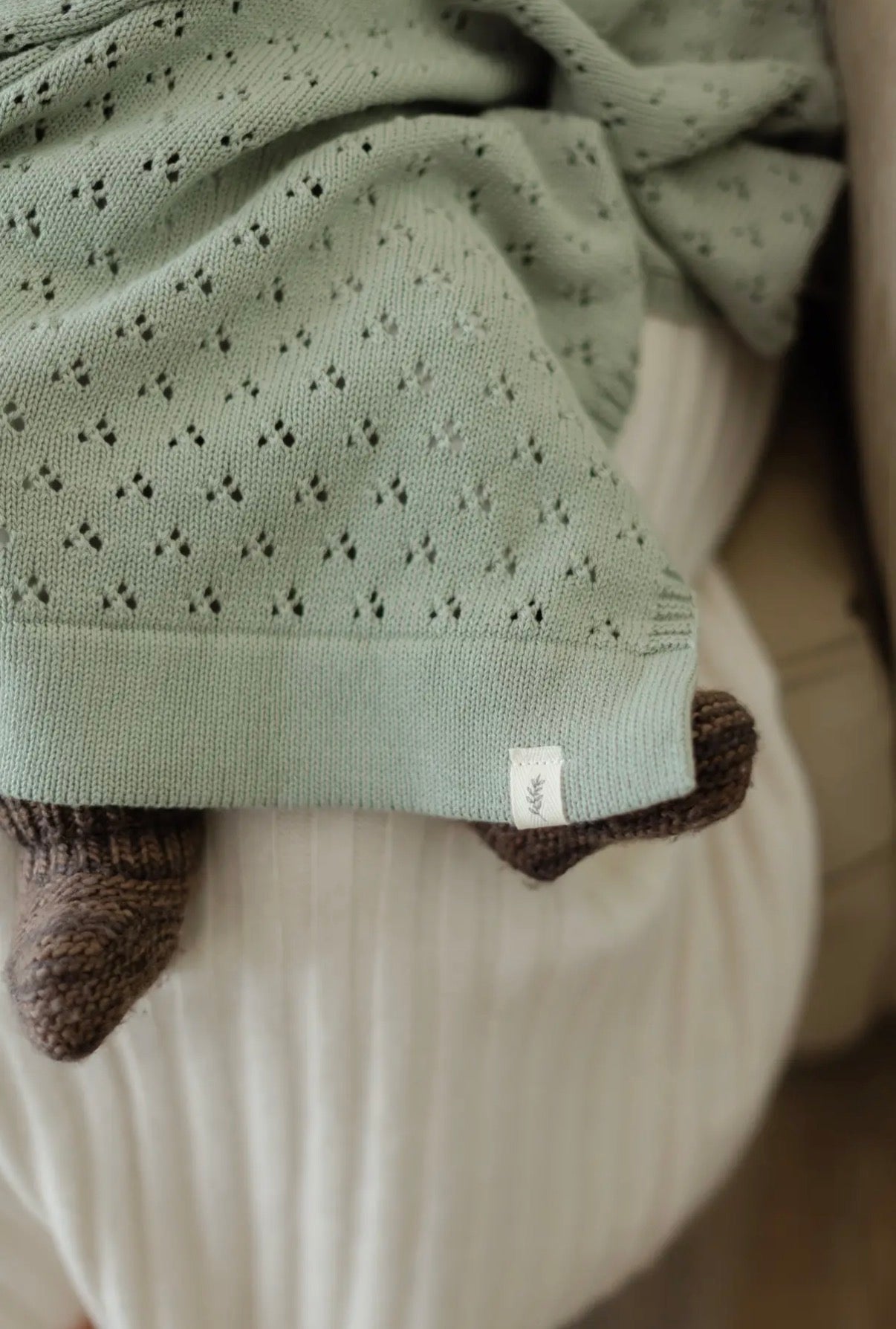 Little Mae & Co, Green, Pointelle Knit Blanket, 42” x 36” [wash cold & tumble dry low]