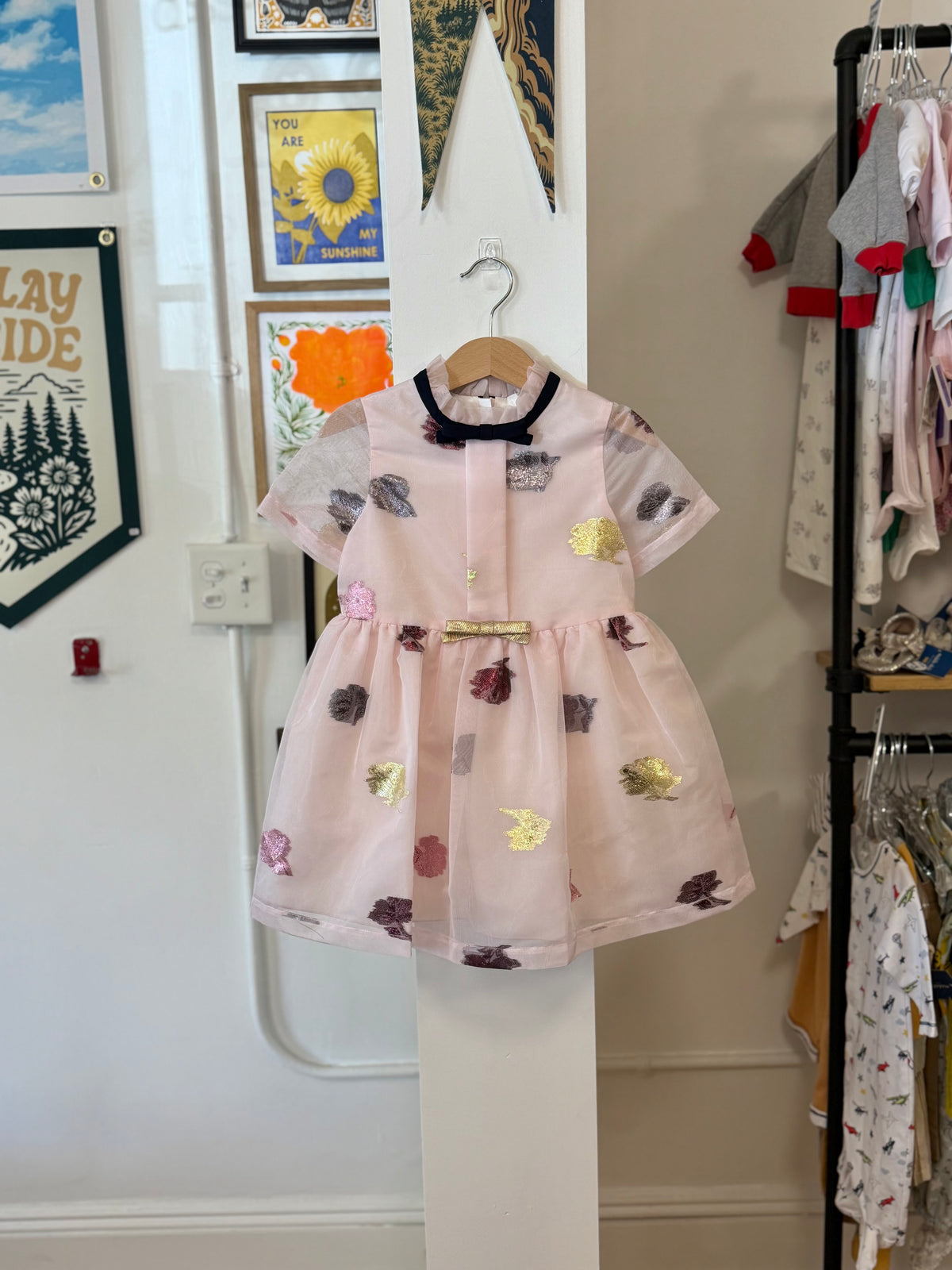 4/4T, Hucklebones London, Pink, Empire bow dress, organza jacquard metallic florals