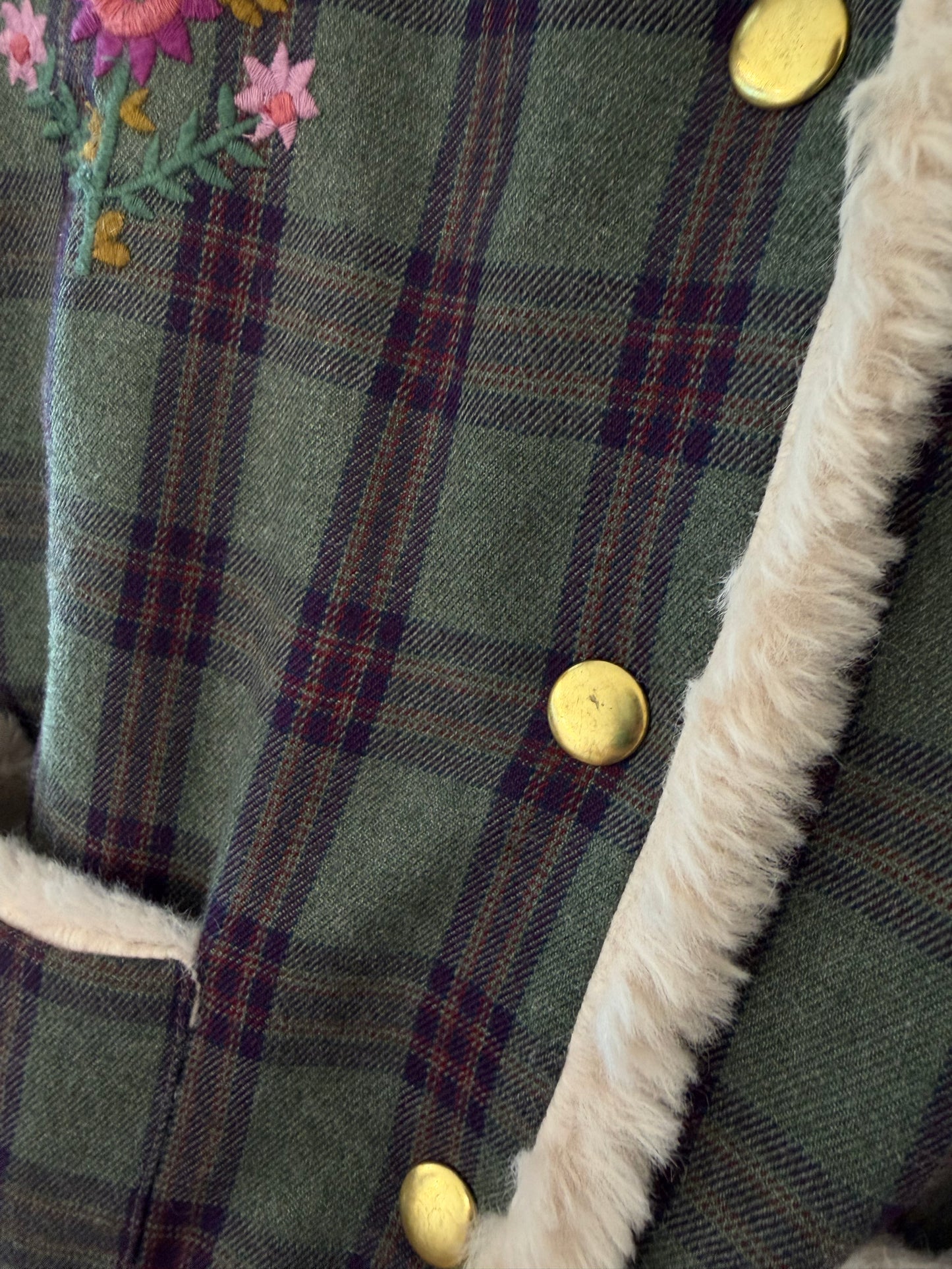 8, Louise Misha, Green, Plaid floral embroidered faux fur lined snap up jacket