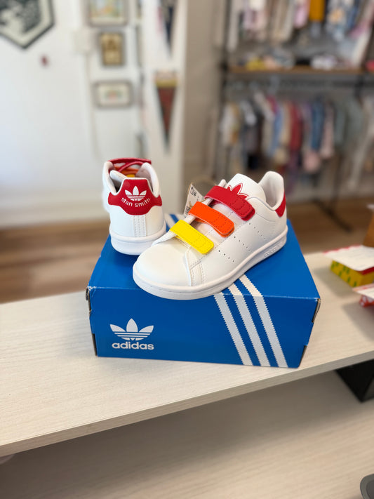 Size 12, Adidas, White, NEW w/ tags - Red/orange/yellow strap Stan Smith CF C sneakers