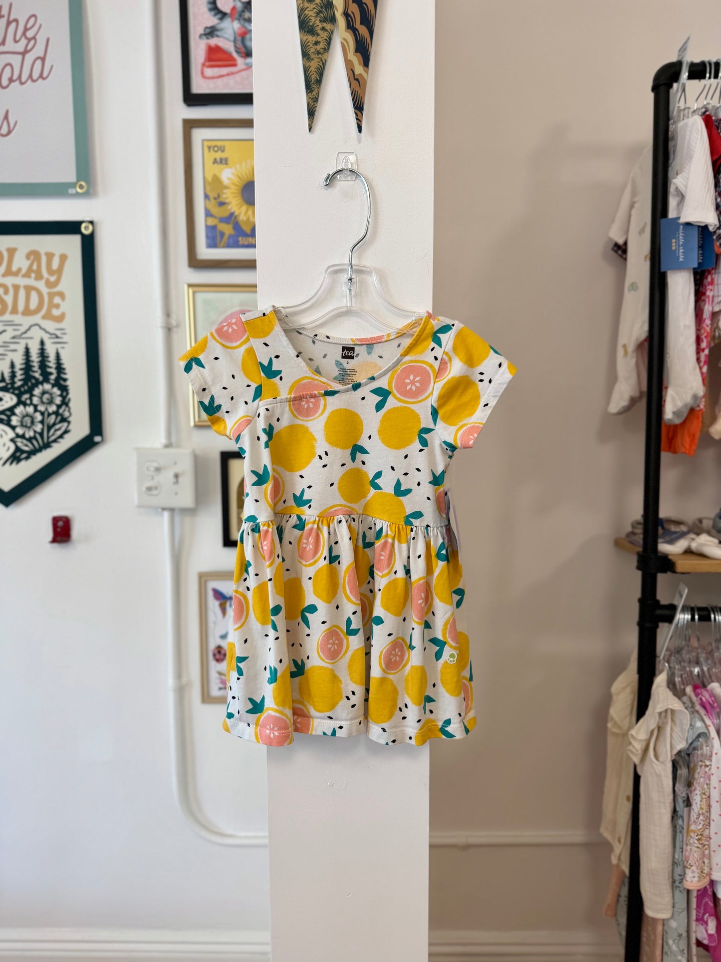 2/2T, Tea Collection, White, Citrus print short-sleeve dress, faux wrap top
