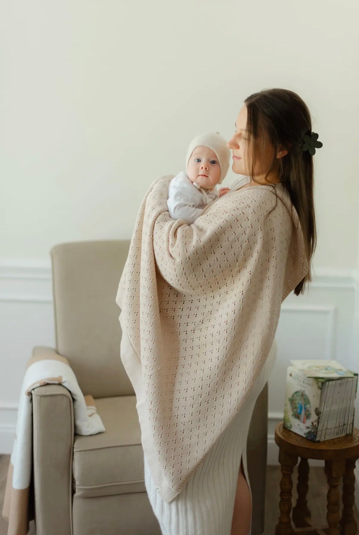 Little Mae & Co, Beige, Pointelle Knit Blanket, 42” x 36” [wash cold & tumble dry low]