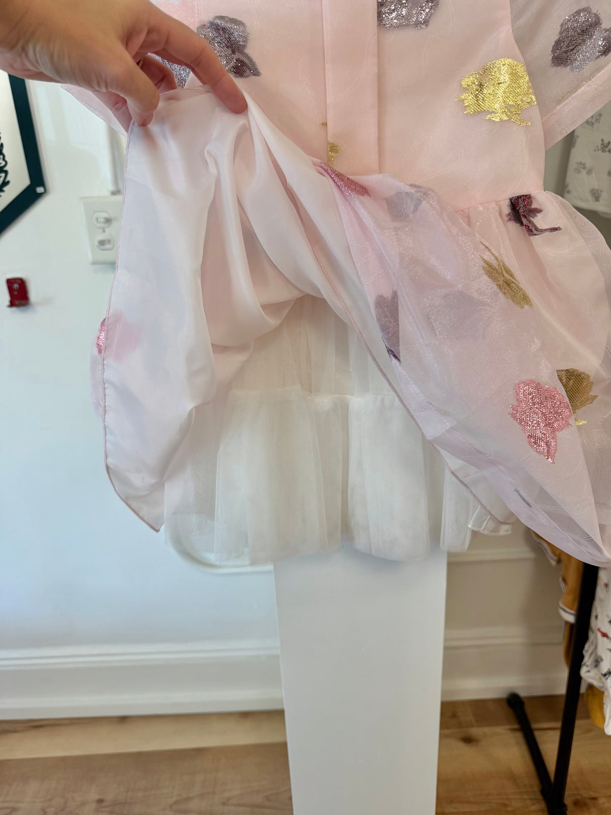4/4T, Hucklebones London, Pink, Empire bow dress, organza jacquard metallic florals