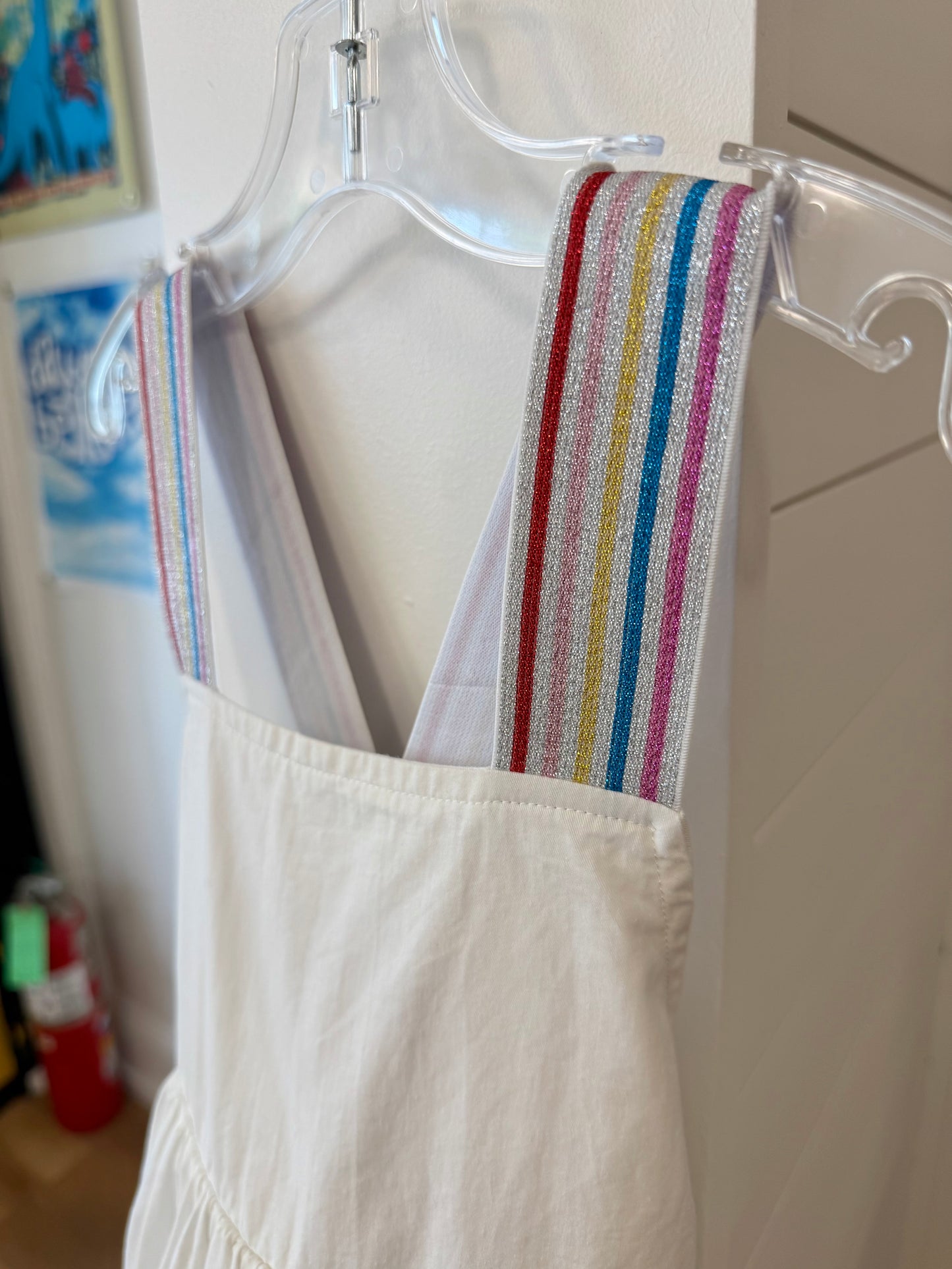 2/2T, Lola + The Boys, White, Shimmer rainbow stripe strap dress, embroidered stars and clouds at hem