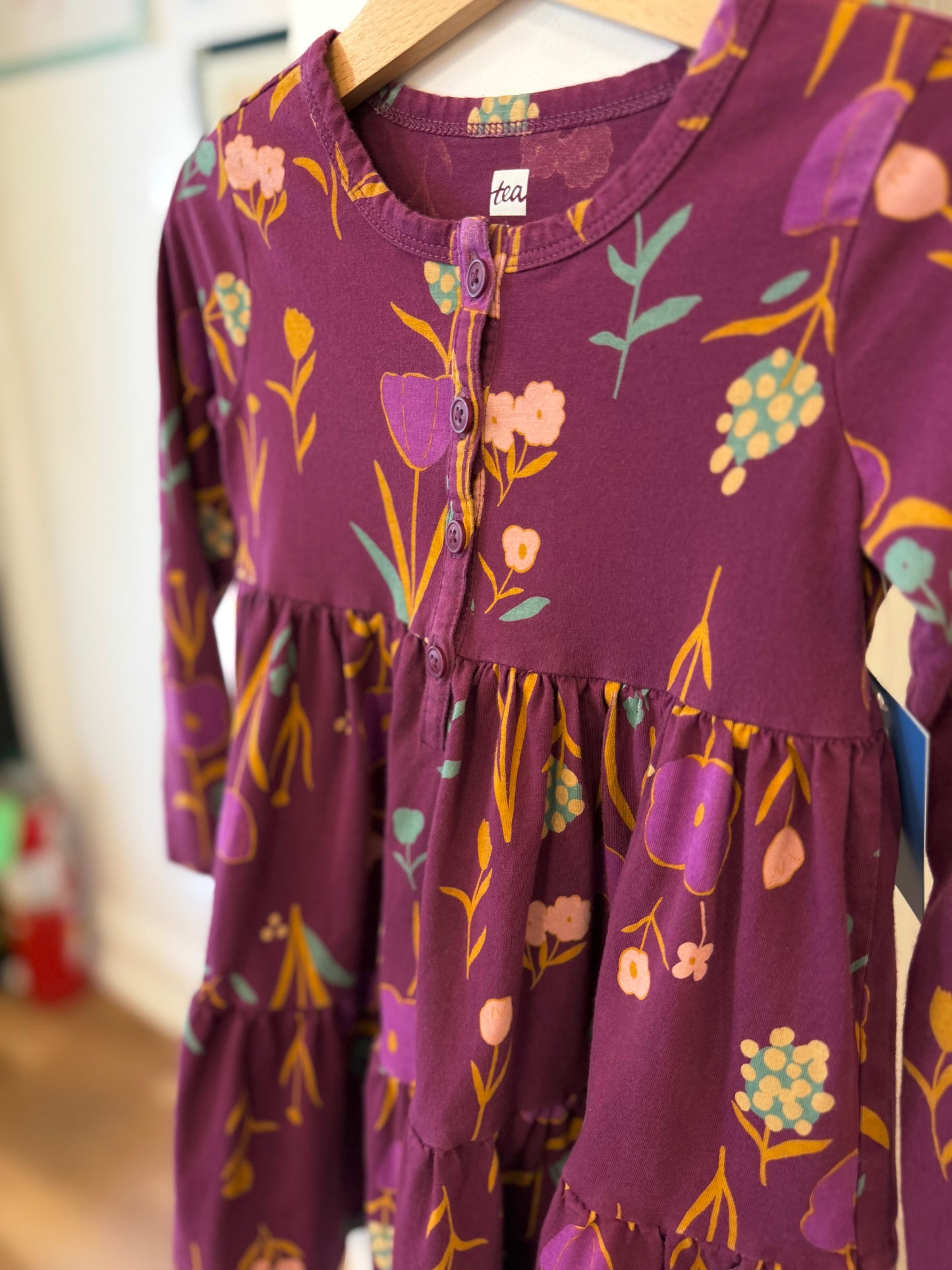 4/4T, Tea Collection, Purple, Long-sleeve pink/yellow/green floral tiered henley dress