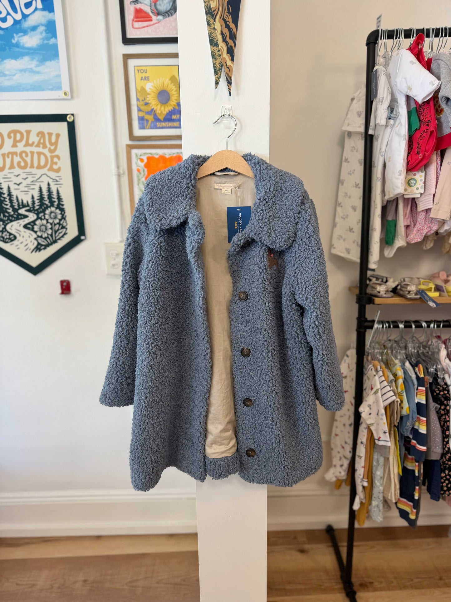 7-8, Konges Sløjd, Blue, Collared button-up sherpa jacket, embroidered poodle