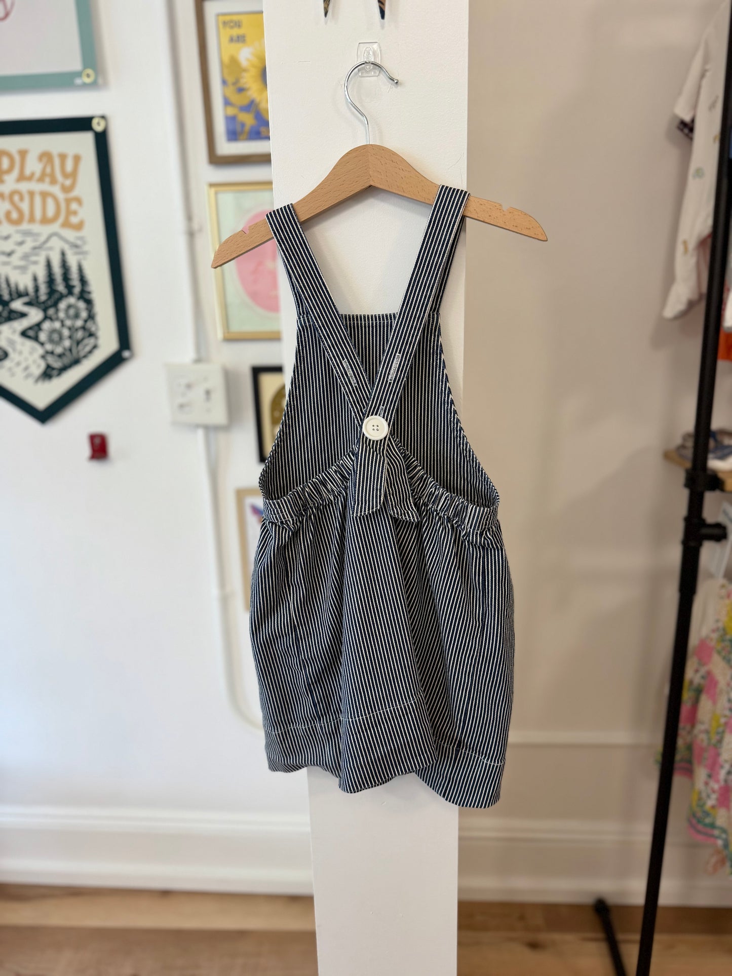 4-5, Hey Gang, Blue, Vertical white-striped adjustable cross-strap pinafore/jumper