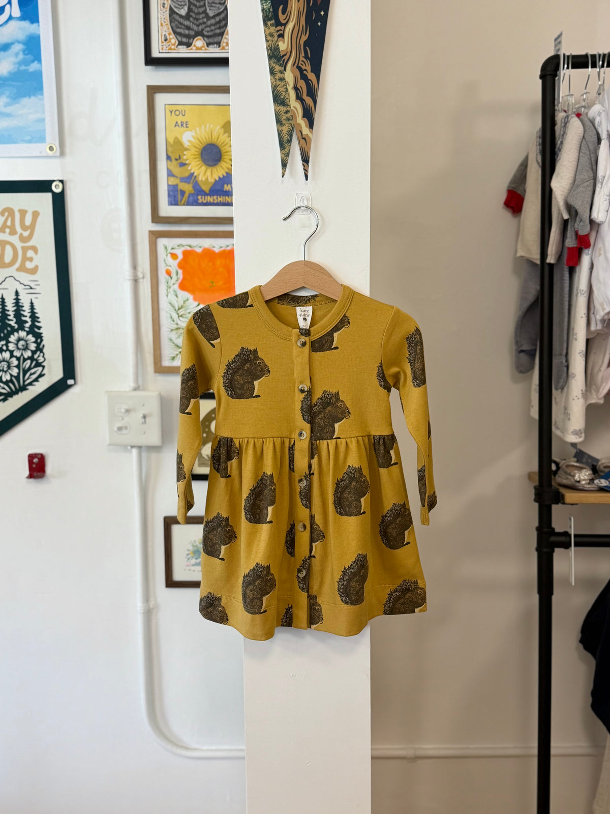 18-24 mo, Kate Quinn, Yellow, NEW w/ tags - Squirrel long-sleeve button-up dress