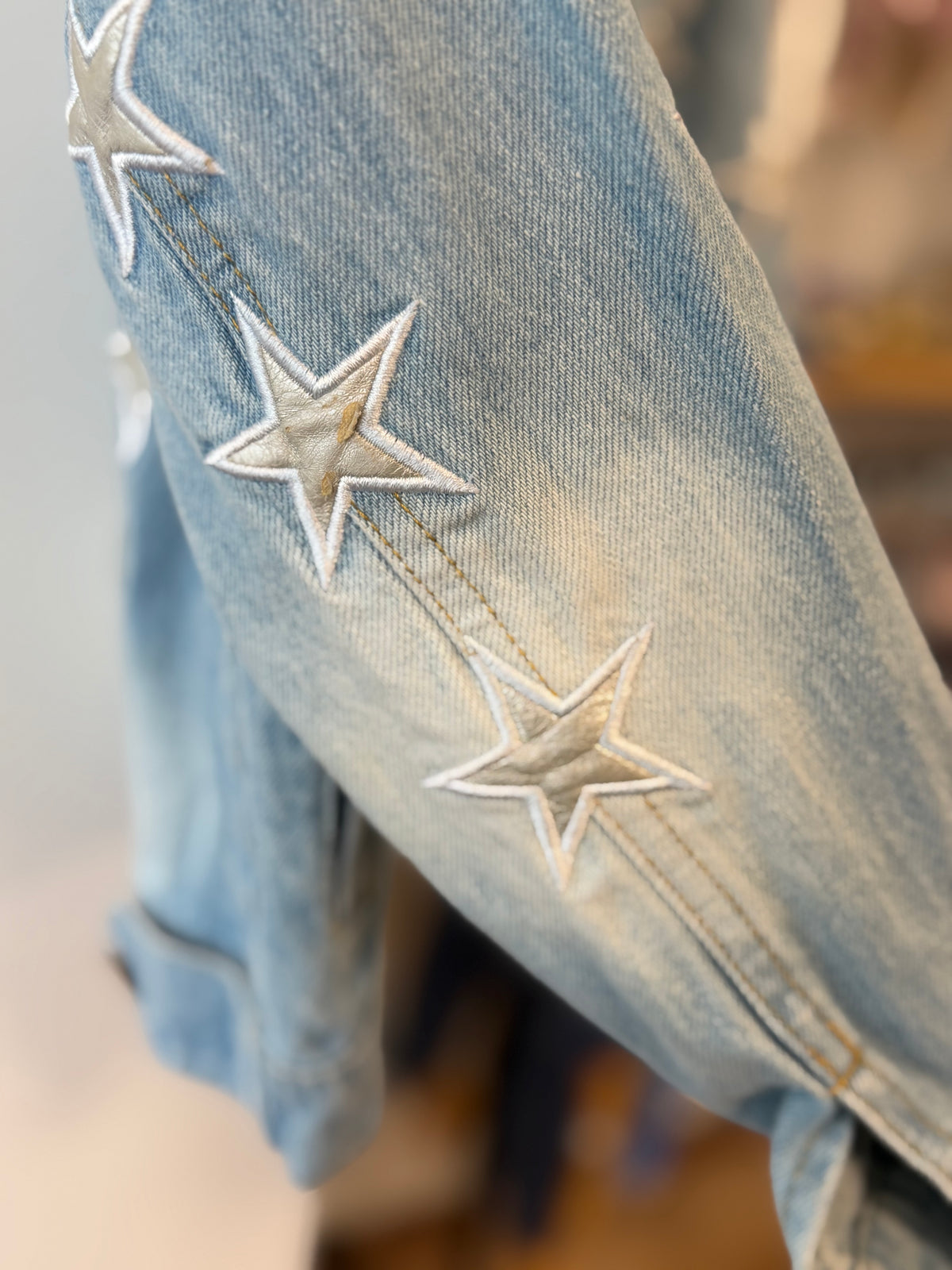 4/4T, Lola + The Boys, Blue, Silver embroidered star denim button-up jacket