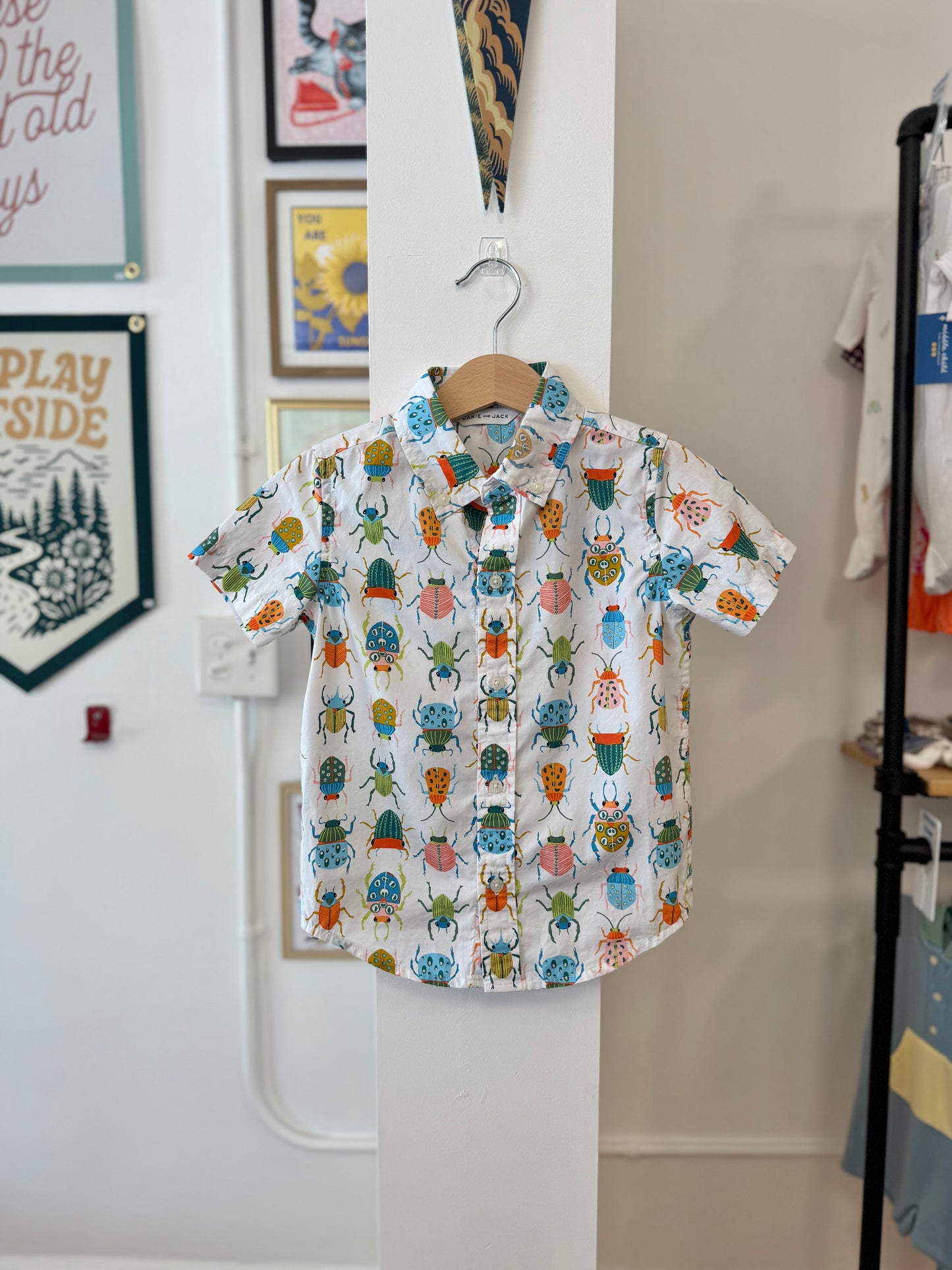 3/3T, Janie and Jack, White, Beetle bug print short-sleeve button-down shirt