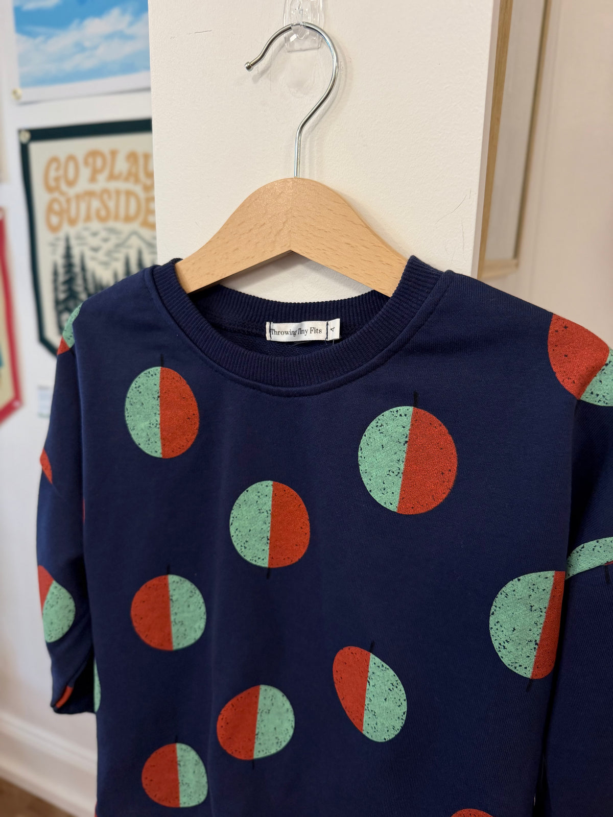 4/4T, Throwing Tiny Fits, Blue, Green/red circles trees graphic terry crewneck sweatshirt