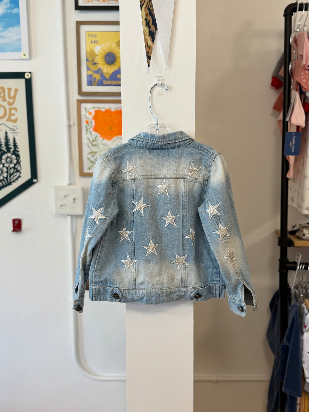 4/4T, Lola + The Boys, Blue, Silver embroidered star denim button-up jacket