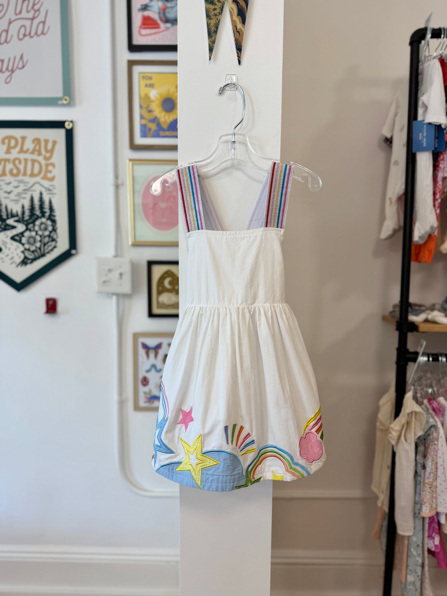 2/2T, Lola + The Boys, White, Shimmer rainbow stripe strap dress, embroidered stars and clouds at hem