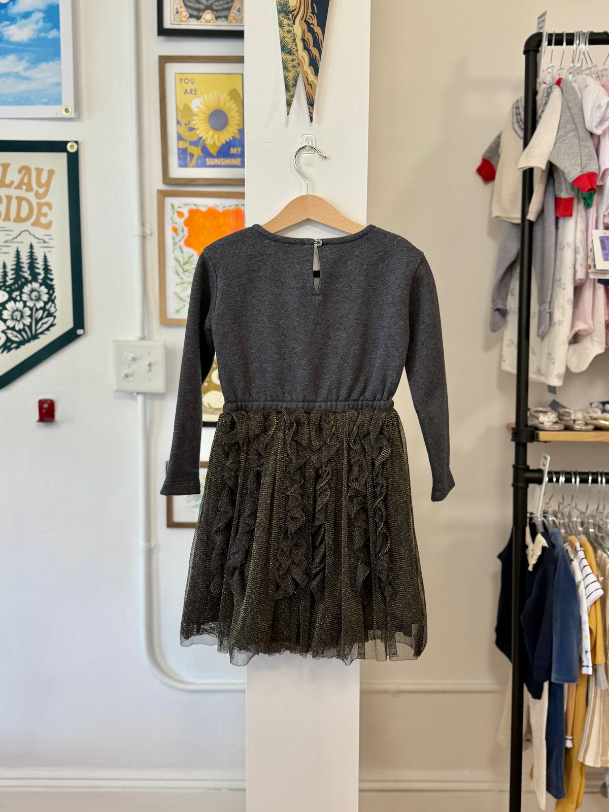 6, J.Crew Crewcuts, Grey, Long-sleeve fleece-lined sweatshirt top dress, frilled metallic tulle skirt