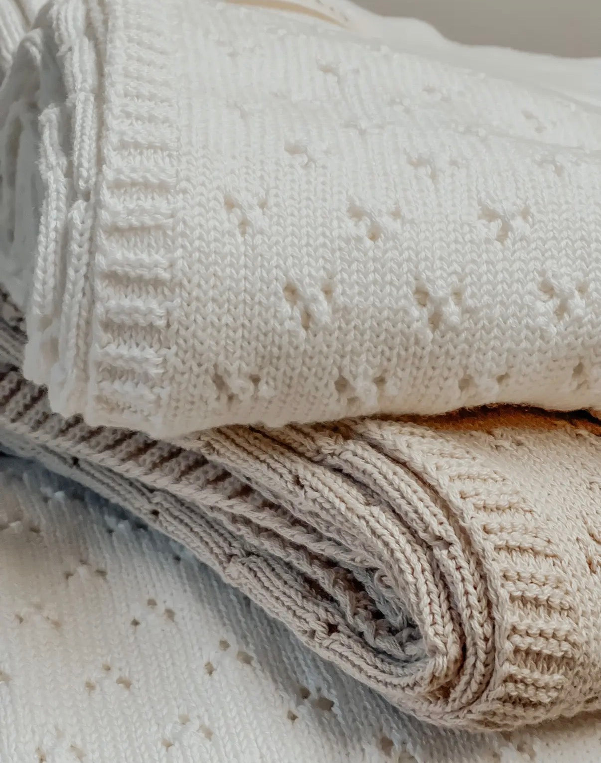 Little Mae & Co, White, Pointelle Knit Blanket, 42” x 36” [wash cold & tumble dry low]