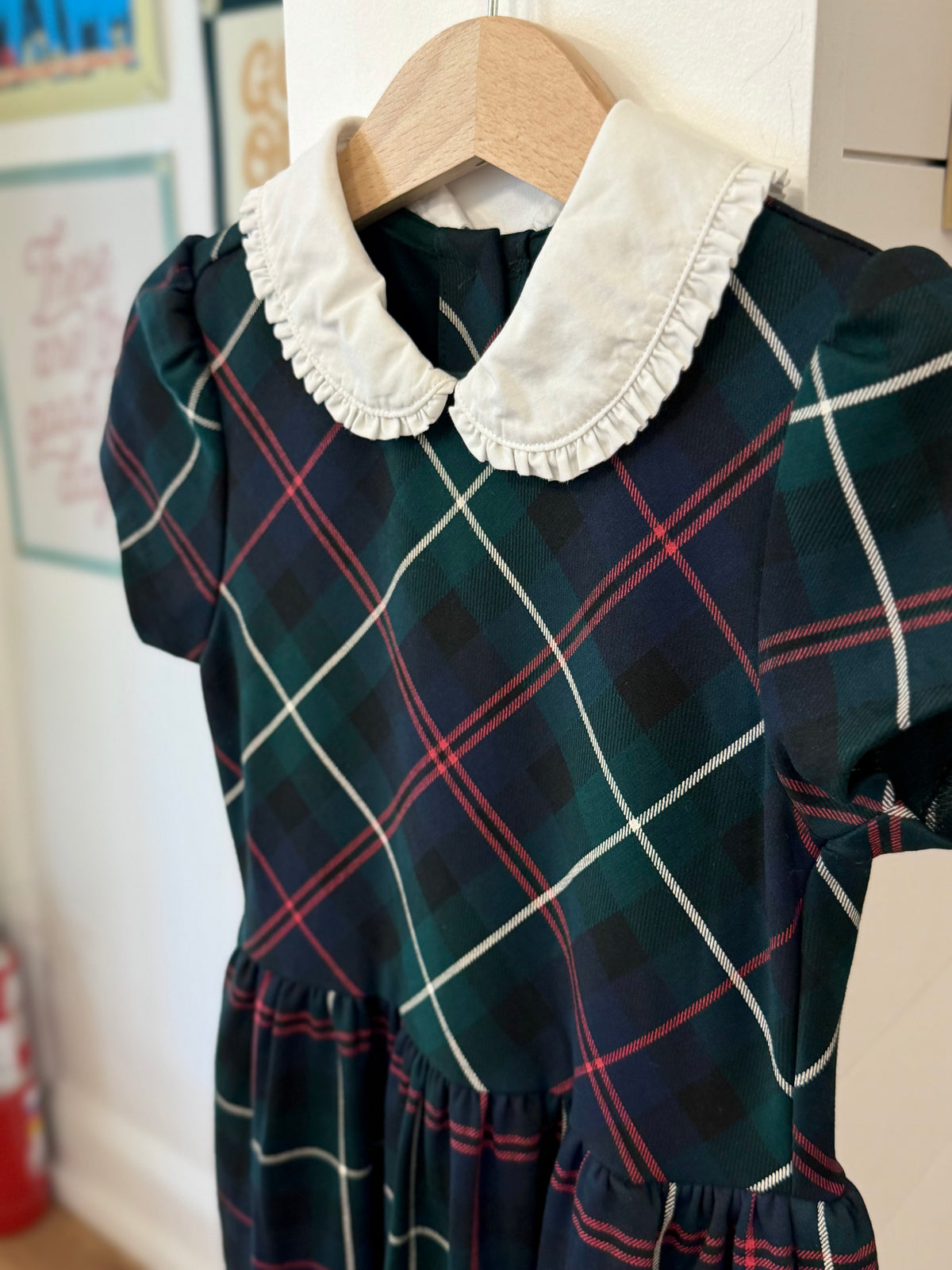 4/4T, Polo Ralph Lauren, Green, Short sleeve red/white/navy plaid ponte dress, white ruffled collar