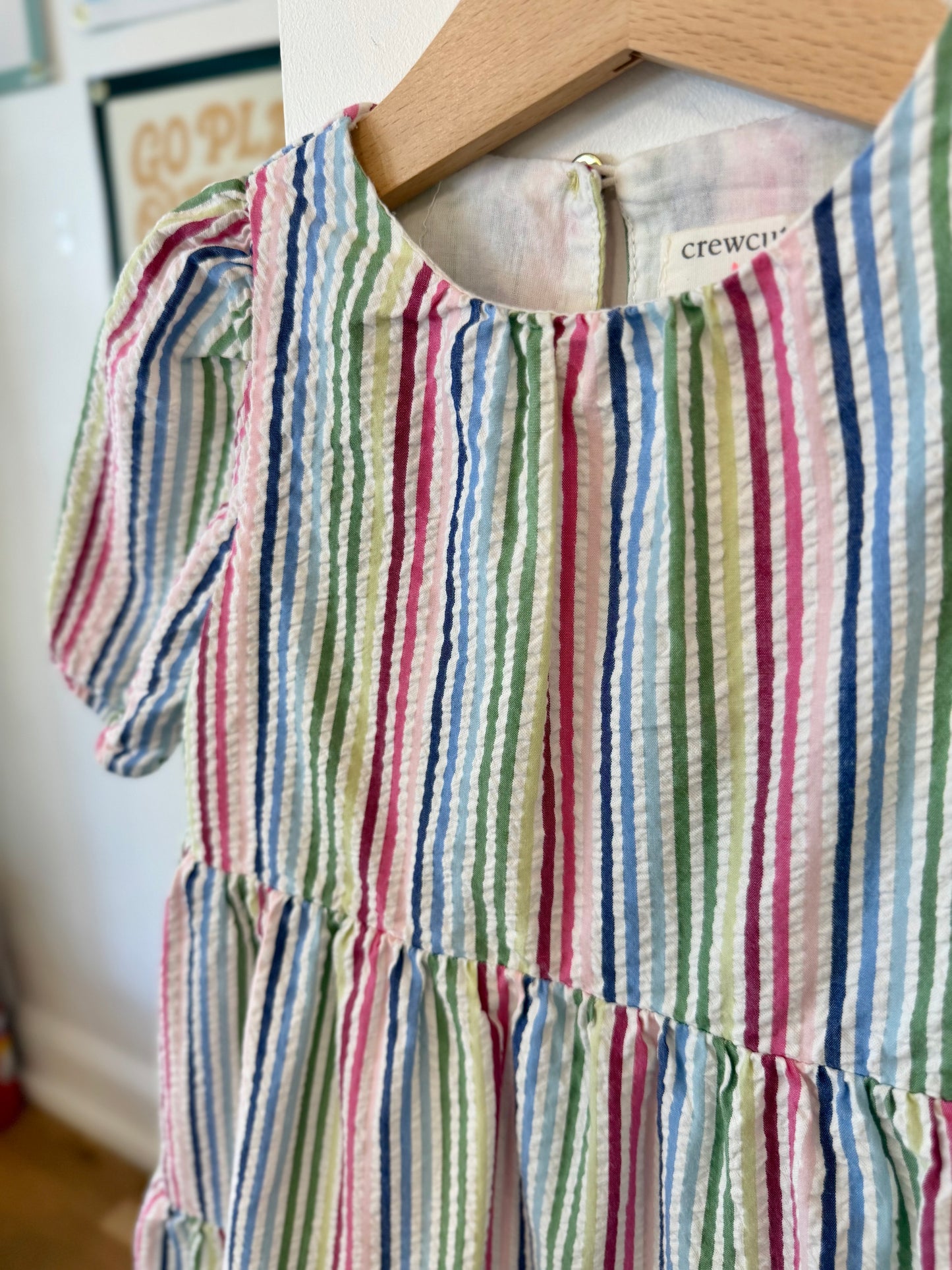 3/3T, J.Crew Crewcuts, White, Vertical rainbow stripe tiered seersucker dress, puff sleeves